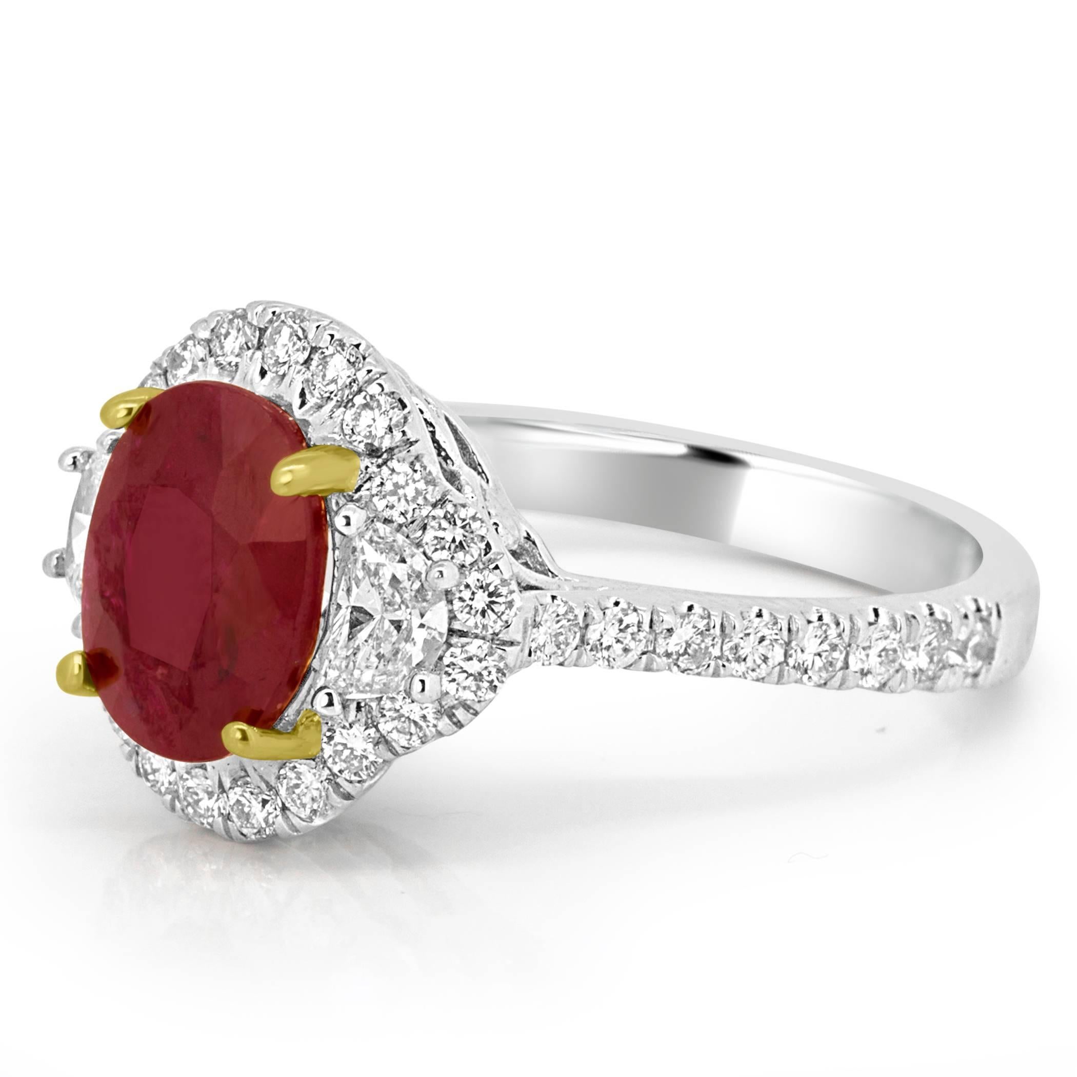 Modern Ruby Oval Diamond Halo Two Color Gold Three Stone Bridal Fashion Cocktail Ring