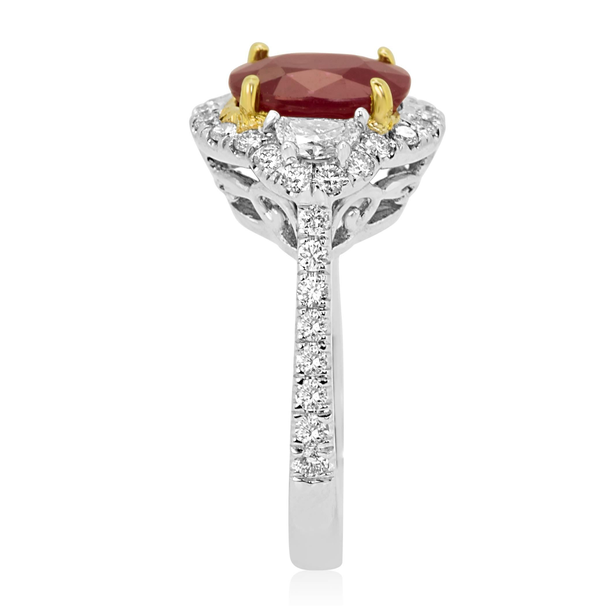 Oval Cut Ruby Oval Diamond Halo Two Color Gold Three Stone Bridal Fashion Cocktail Ring