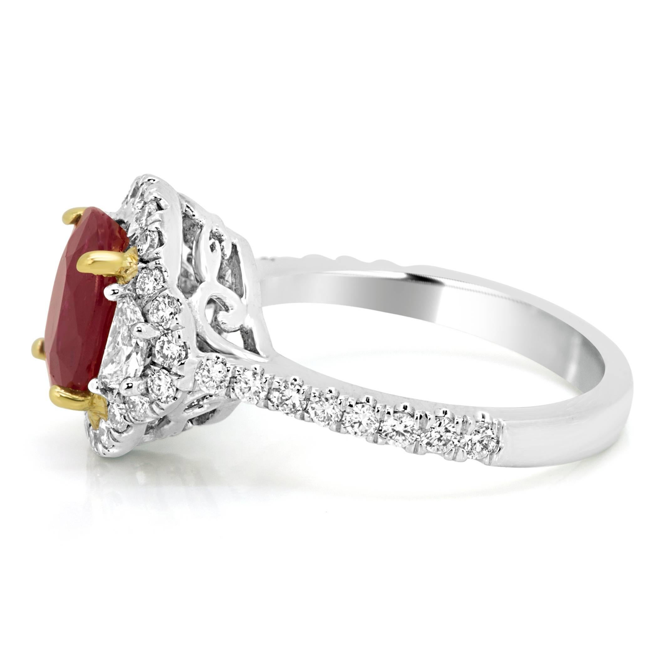 Women's Ruby Oval Diamond Halo Two Color Gold Three Stone Bridal Fashion Cocktail Ring