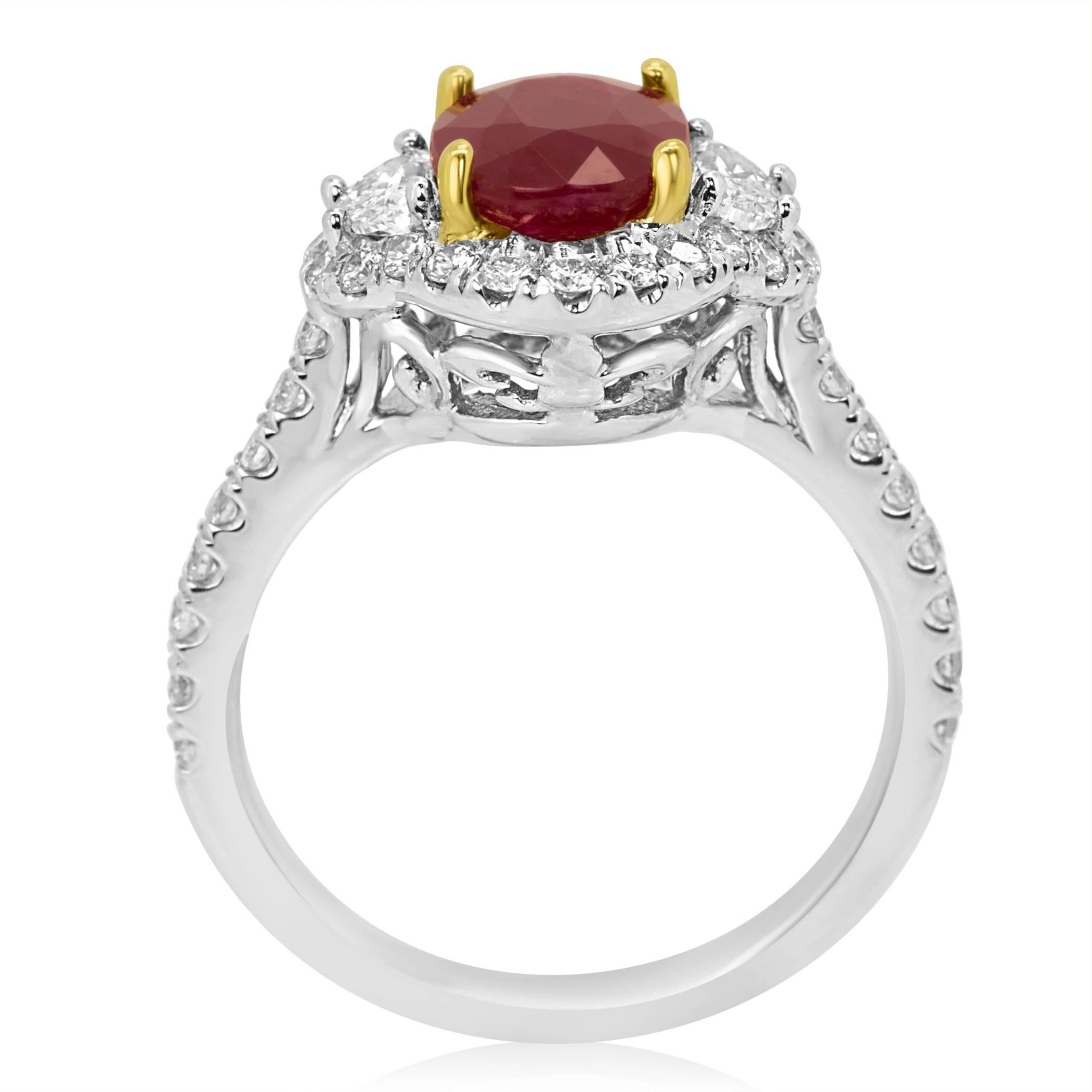 Ruby Oval Diamond Halo Two Color Gold Three Stone Bridal Fashion Cocktail Ring 1