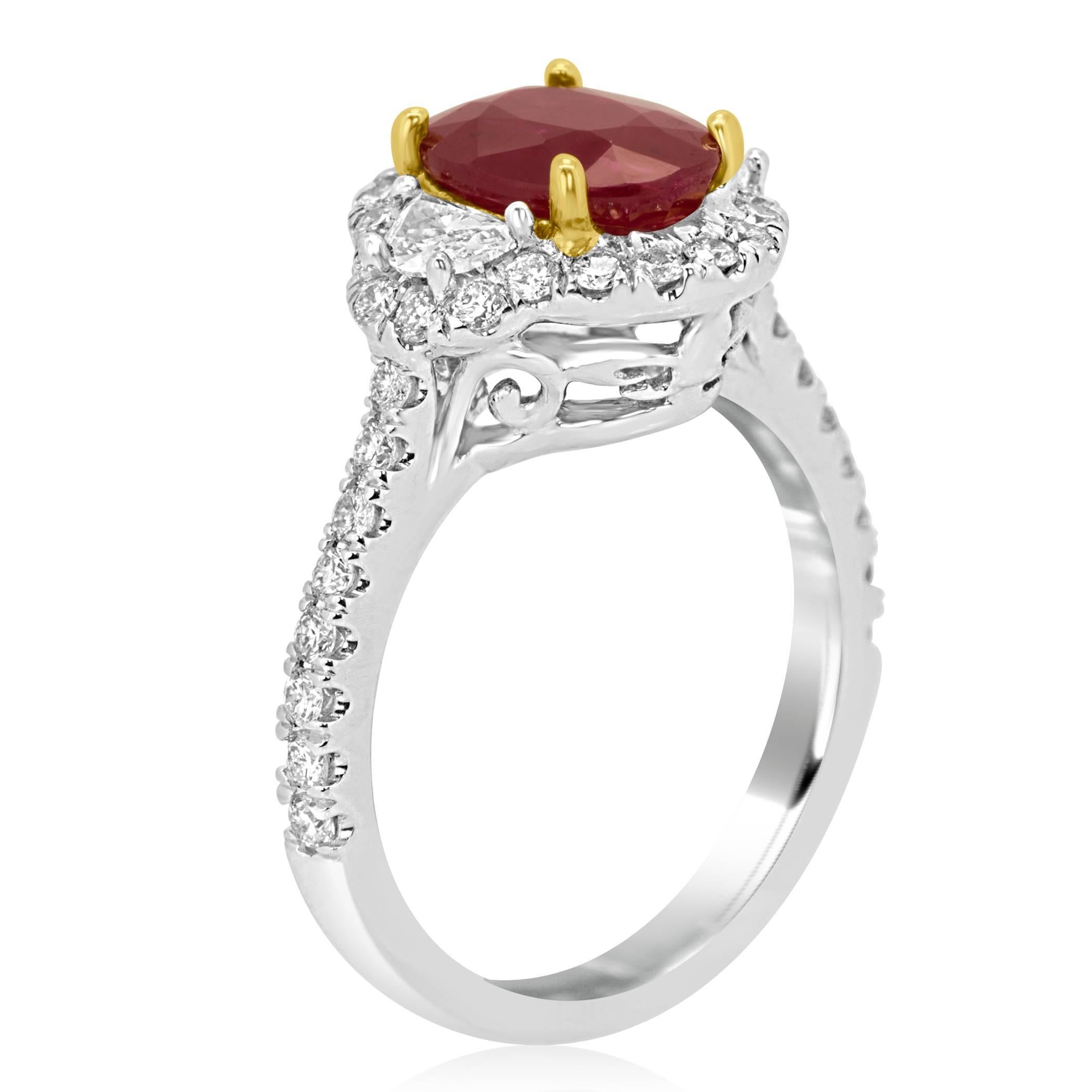 Ruby Oval Diamond Halo Two Color Gold Three Stone Bridal Fashion Cocktail Ring In New Condition In NEW YORK, NY
