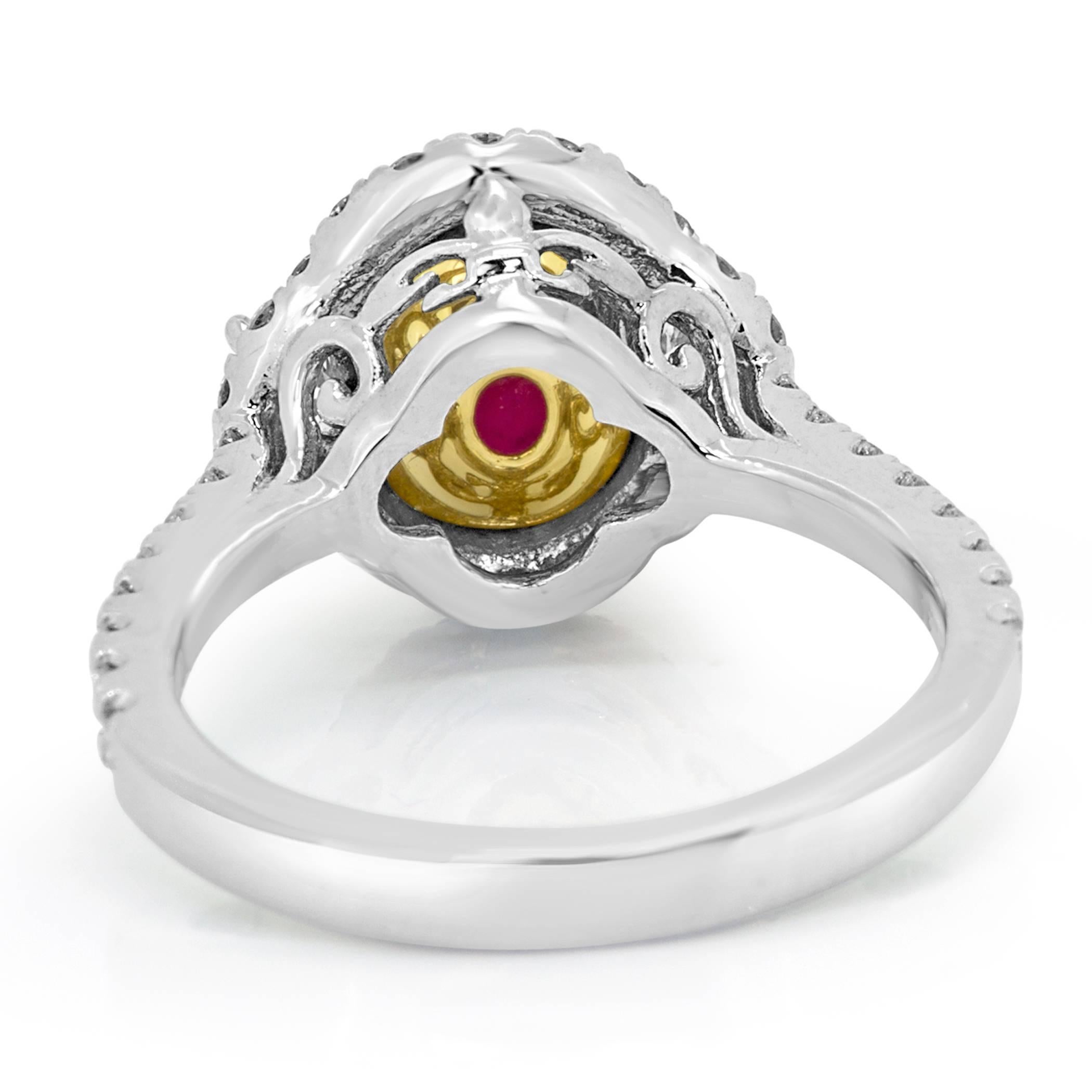 Ruby Oval Diamond Halo Two Color Gold Three Stone Bridal Fashion Cocktail Ring 2