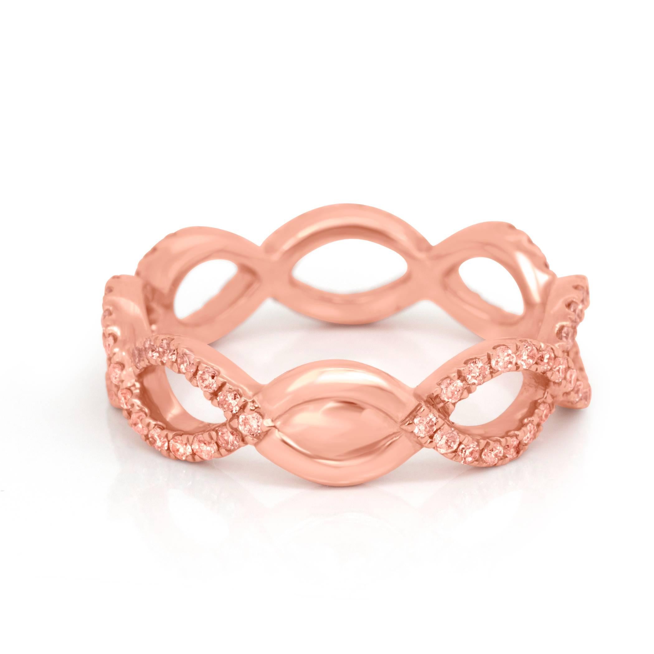 Round Cut Natural Pink Diamond  Rose Gold Stackable Fashion Cocktail Twist Rope Band Ring