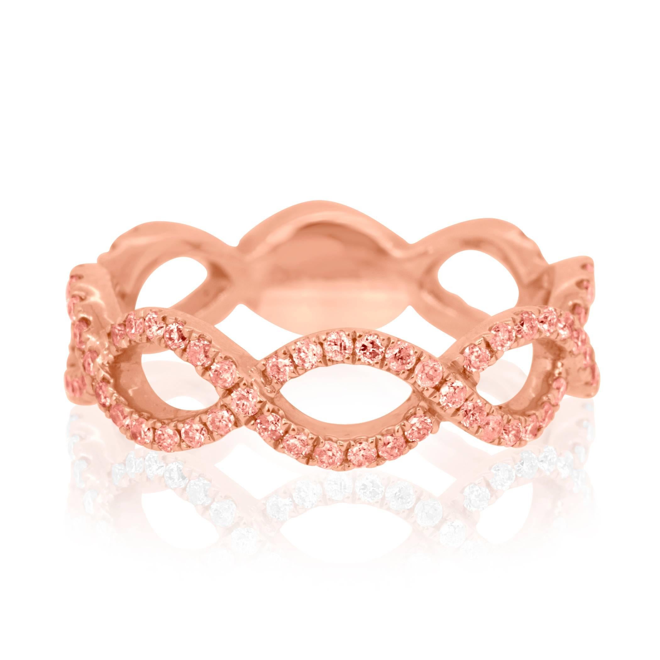 0.70 Carat Natural Pink Diamond  SI Clarity set in stunning in 14k Rose Gold Stackable Fashion Twist rope style Ring .

Available in all gold colors and and in White, Yellow, Champagne and Black Diamonds.

Style available in different price ranges