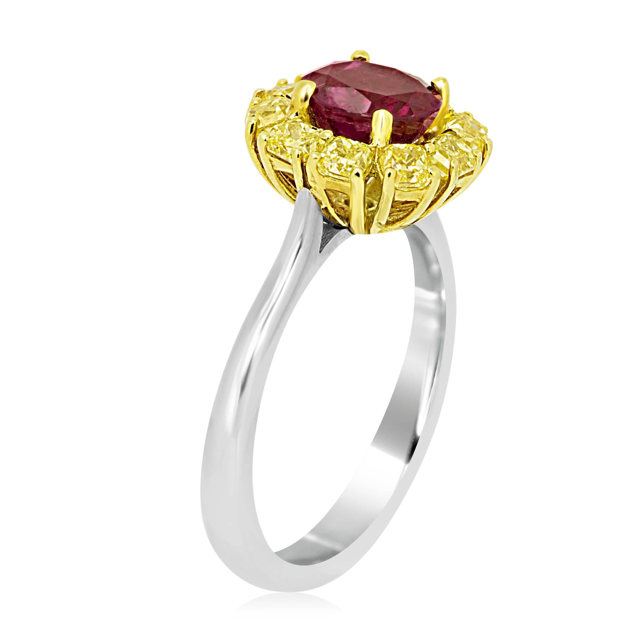 Contemporary No Heat 1.60 Carat GIA Certified Ruby Diamond Two Color Gold Bridal CocktailRing