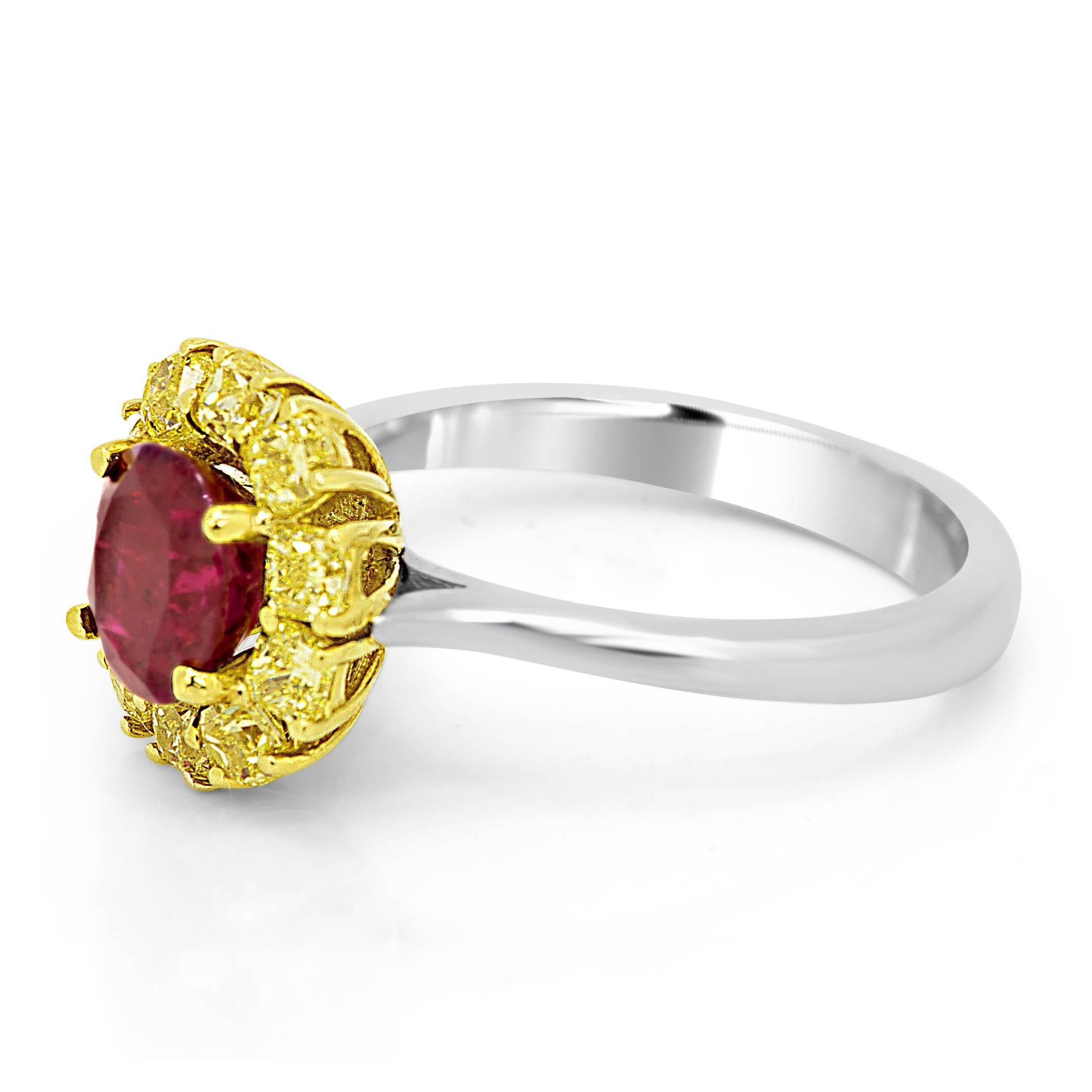 Stunning GIA Certified 1.60 Carat No Heat ruby surrounded by 10 Natural Fancy yellow Diamonds 1.00 Carat in 18K Yellow and White Gold Bridal Fashion Cocktail ring.

Style available in different price ranges. Prices are based on your selection of