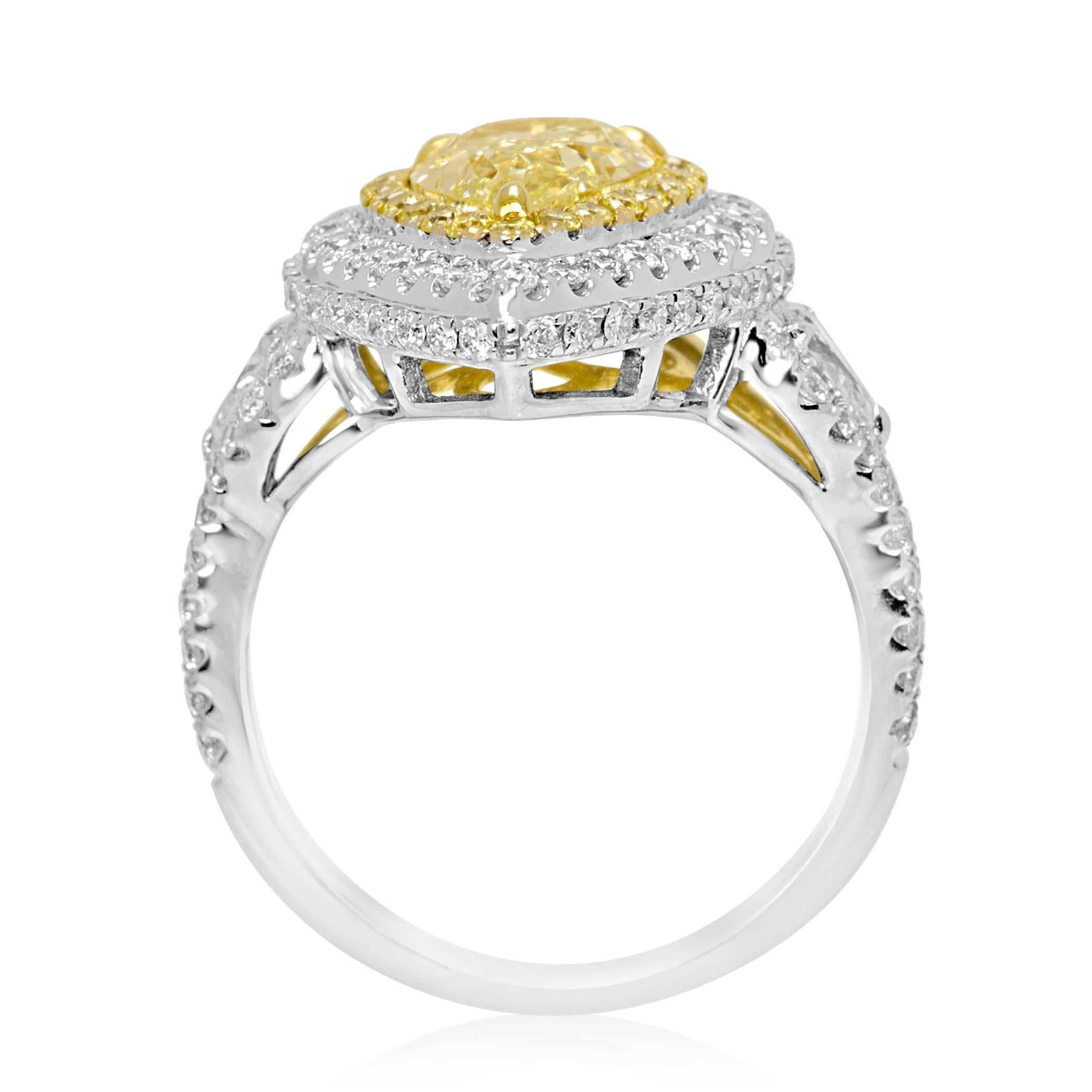 Modern Certified Yellow Diamond Halo Two Color Gold Three Stone Bridal Cocoktail Ring