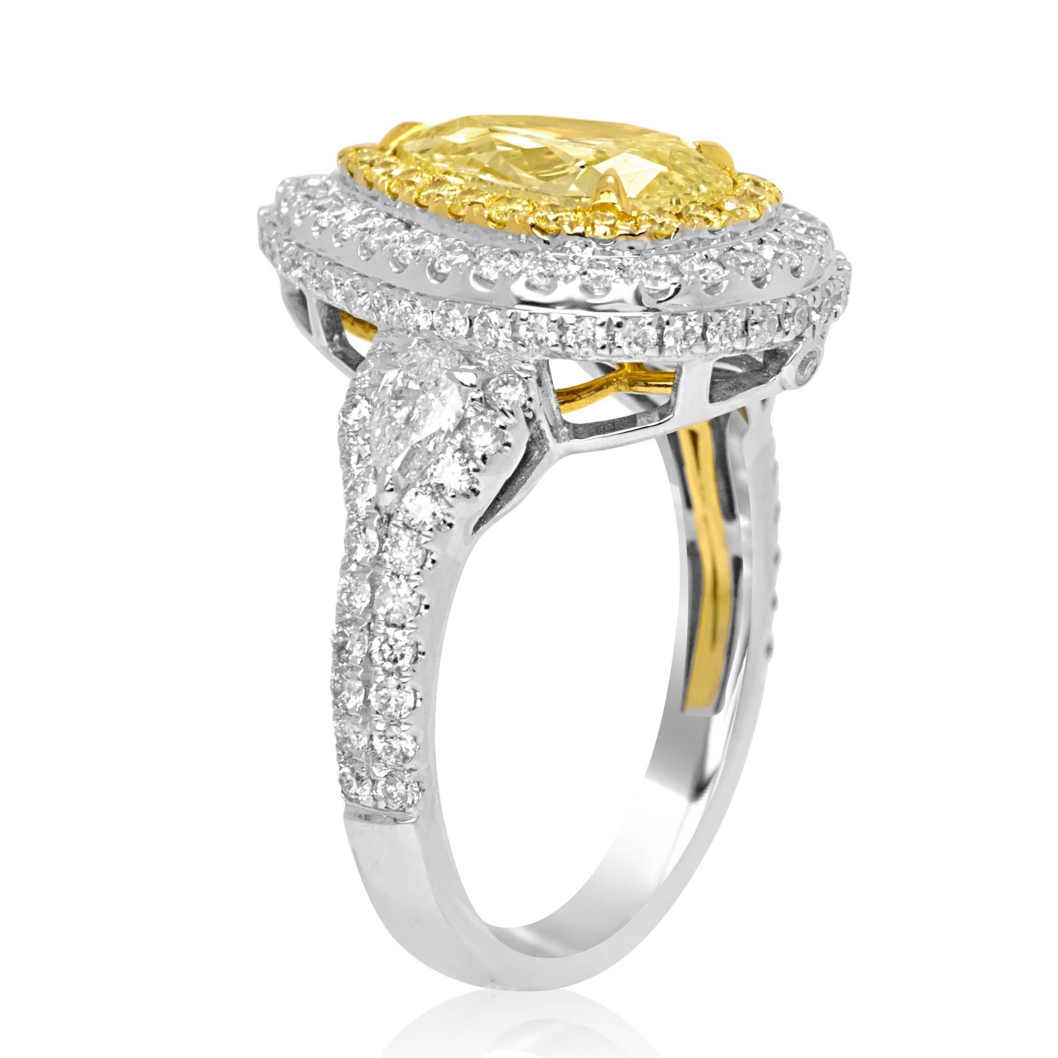 Pear Cut Certified Yellow Diamond Halo Two Color Gold Three Stone Bridal Cocoktail Ring