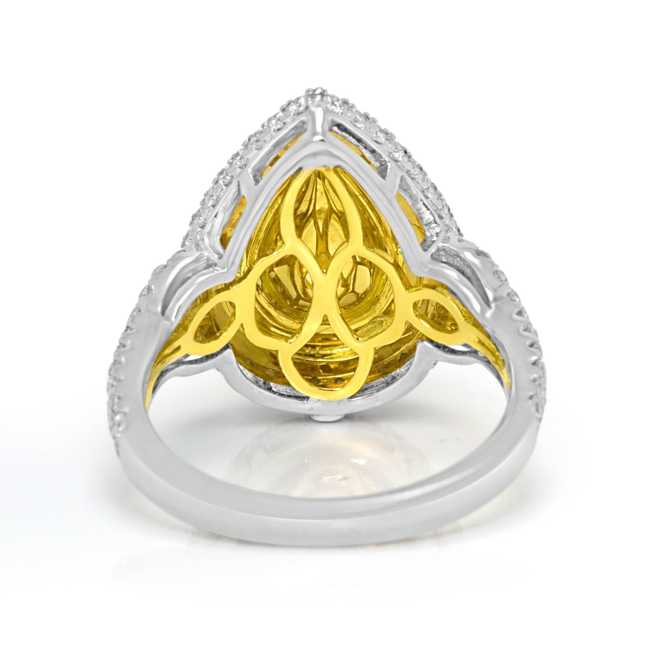 Certified Yellow Diamond Halo Two Color Gold Three Stone Bridal Cocoktail Ring In New Condition In NEW YORK, NY