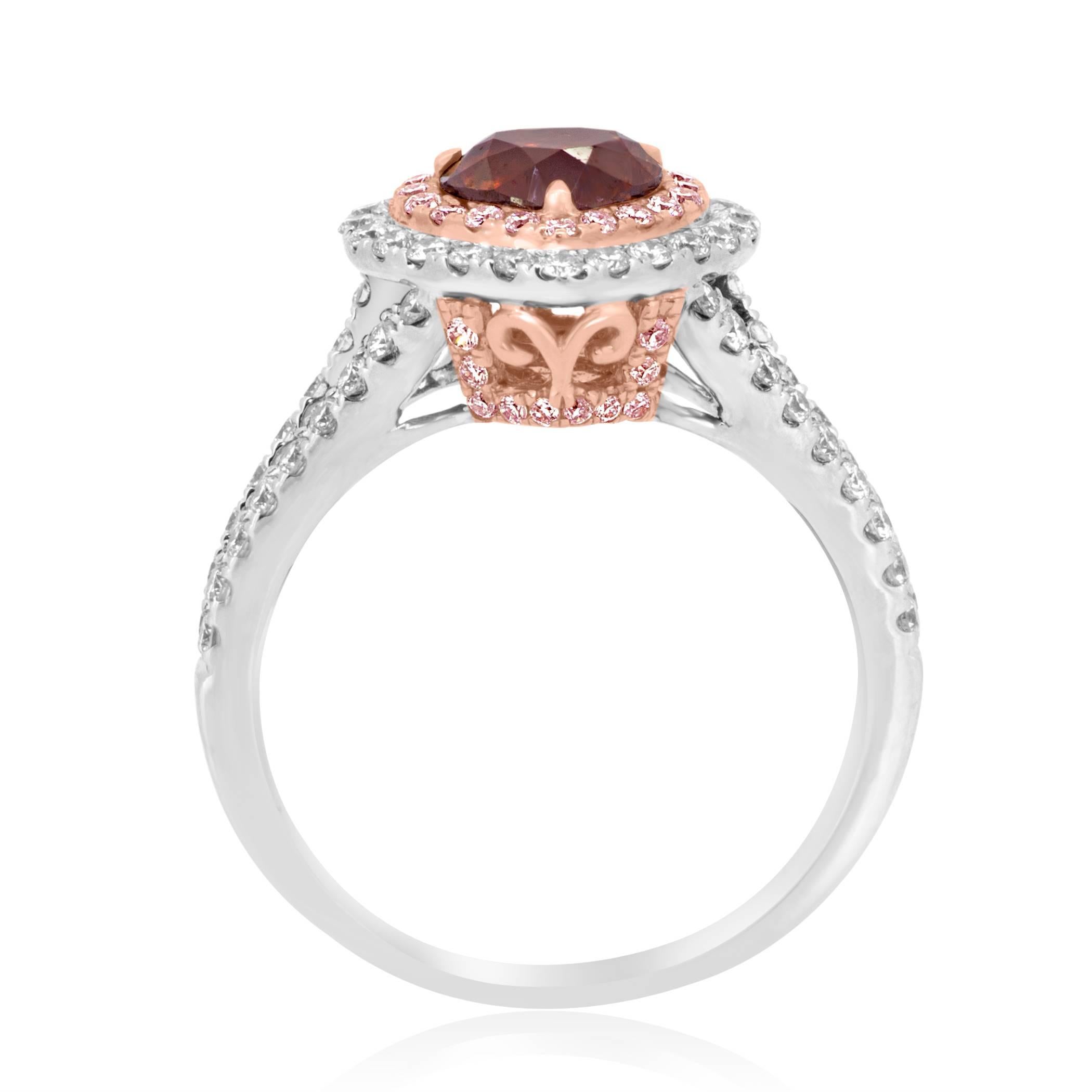 Heart Cut Certified Natural Brown Orange Diamond Double Halo Two-Color Gold Bridal Ring