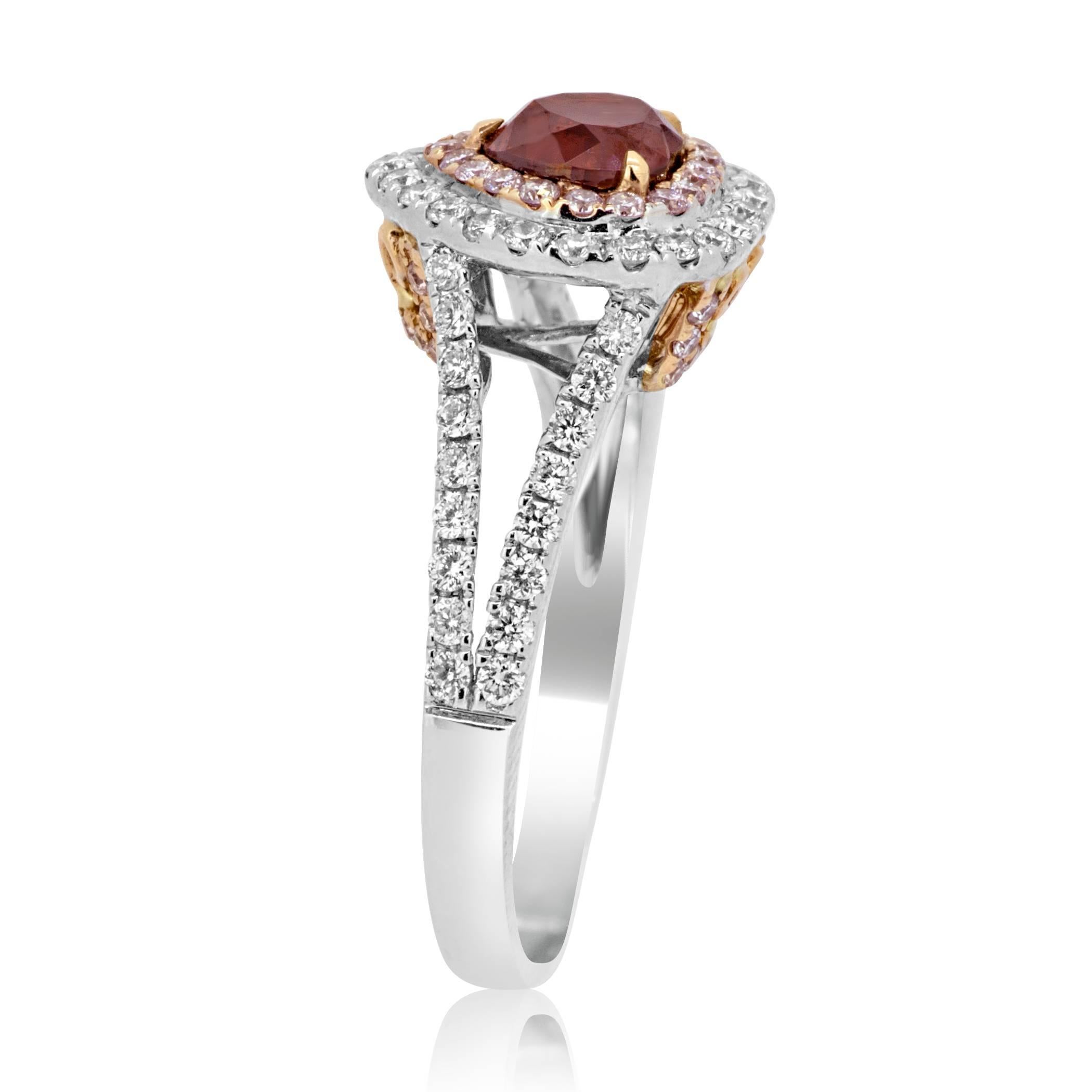 Certified Natural Brown Orange Diamond Double Halo Two-Color Gold Bridal Ring In New Condition In NEW YORK, NY