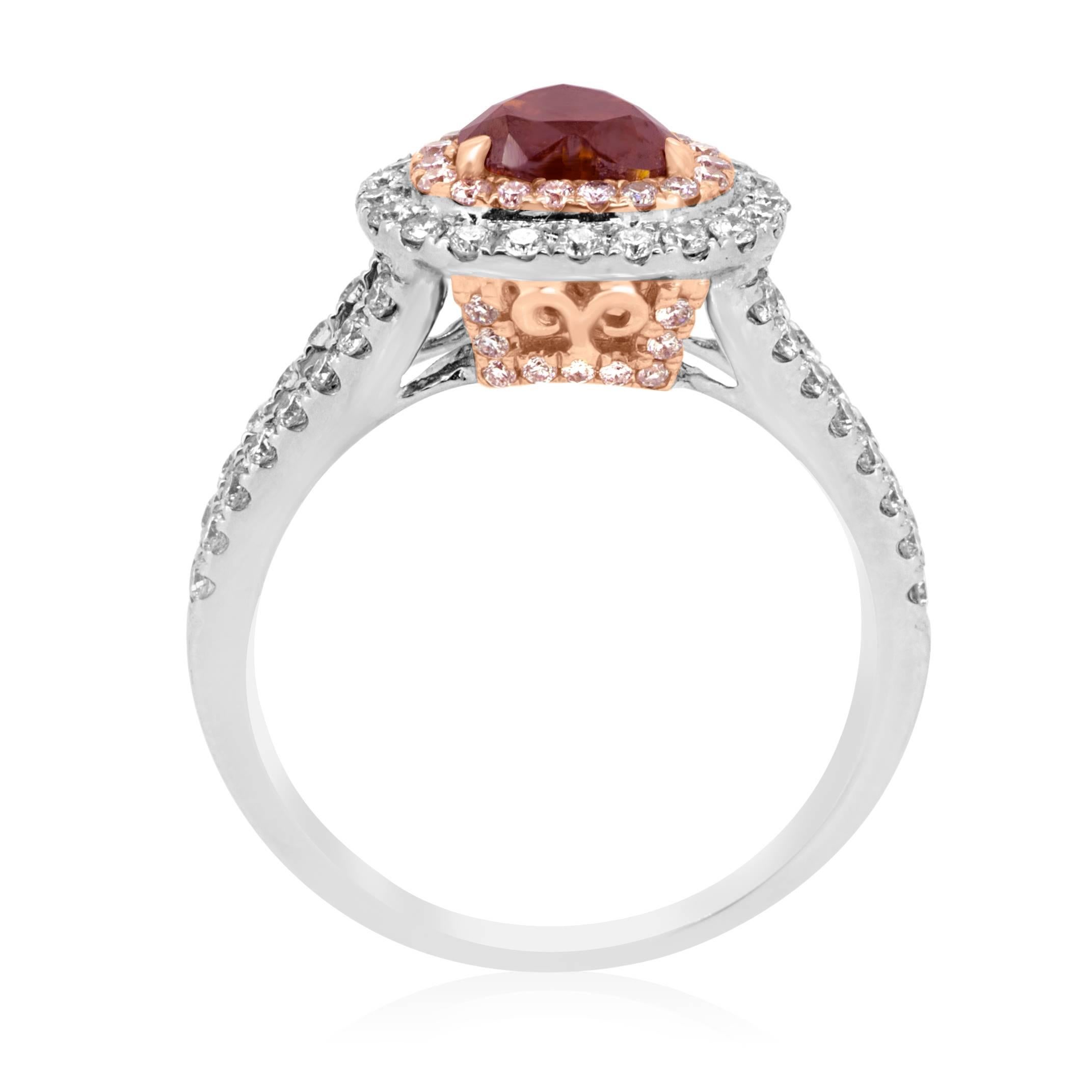 Women's Certified Natural Brown Orange Diamond Double Halo Two-Color Gold Bridal Ring