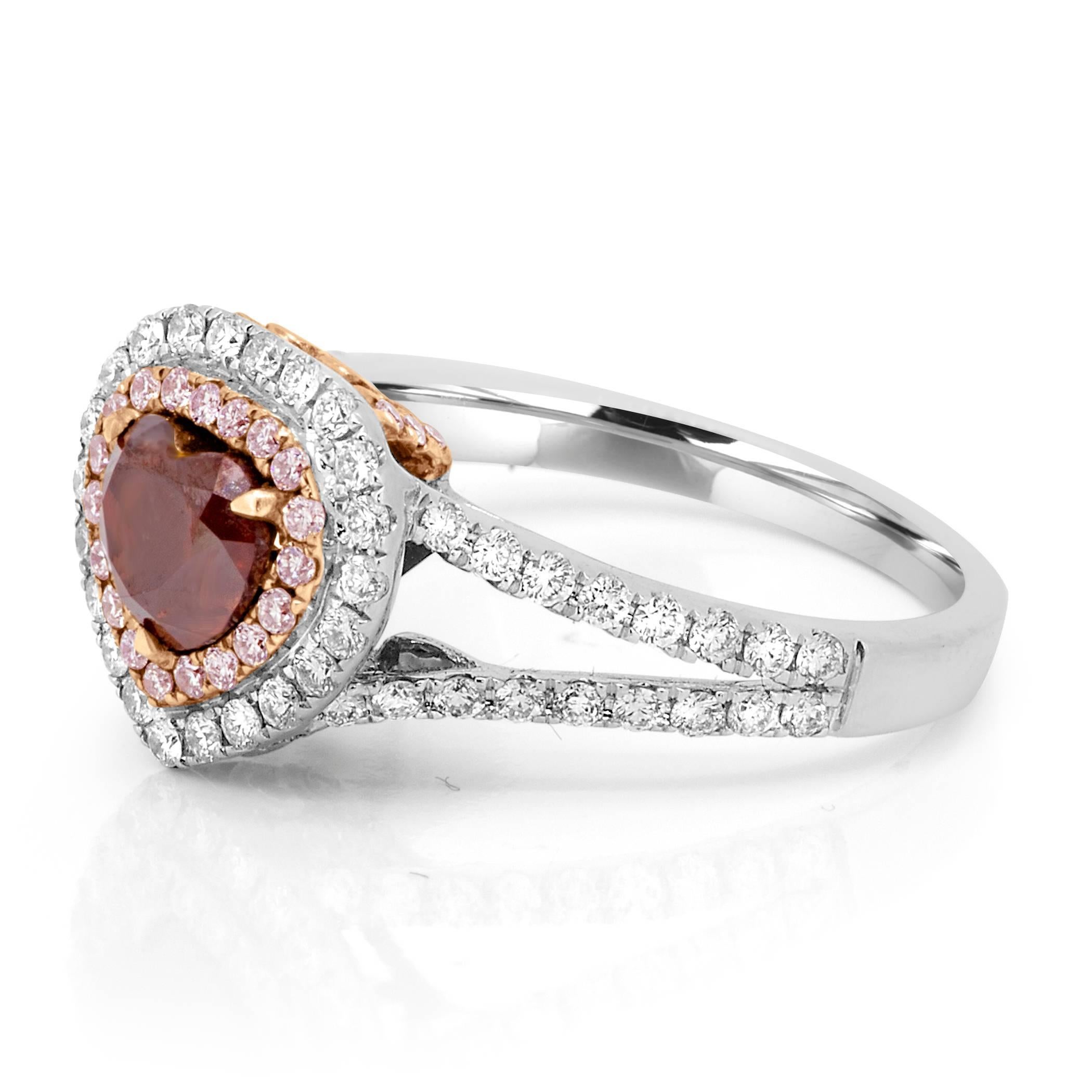 Modern Certified Natural Brown Orange Diamond Double Halo Two-Color Gold Bridal Ring