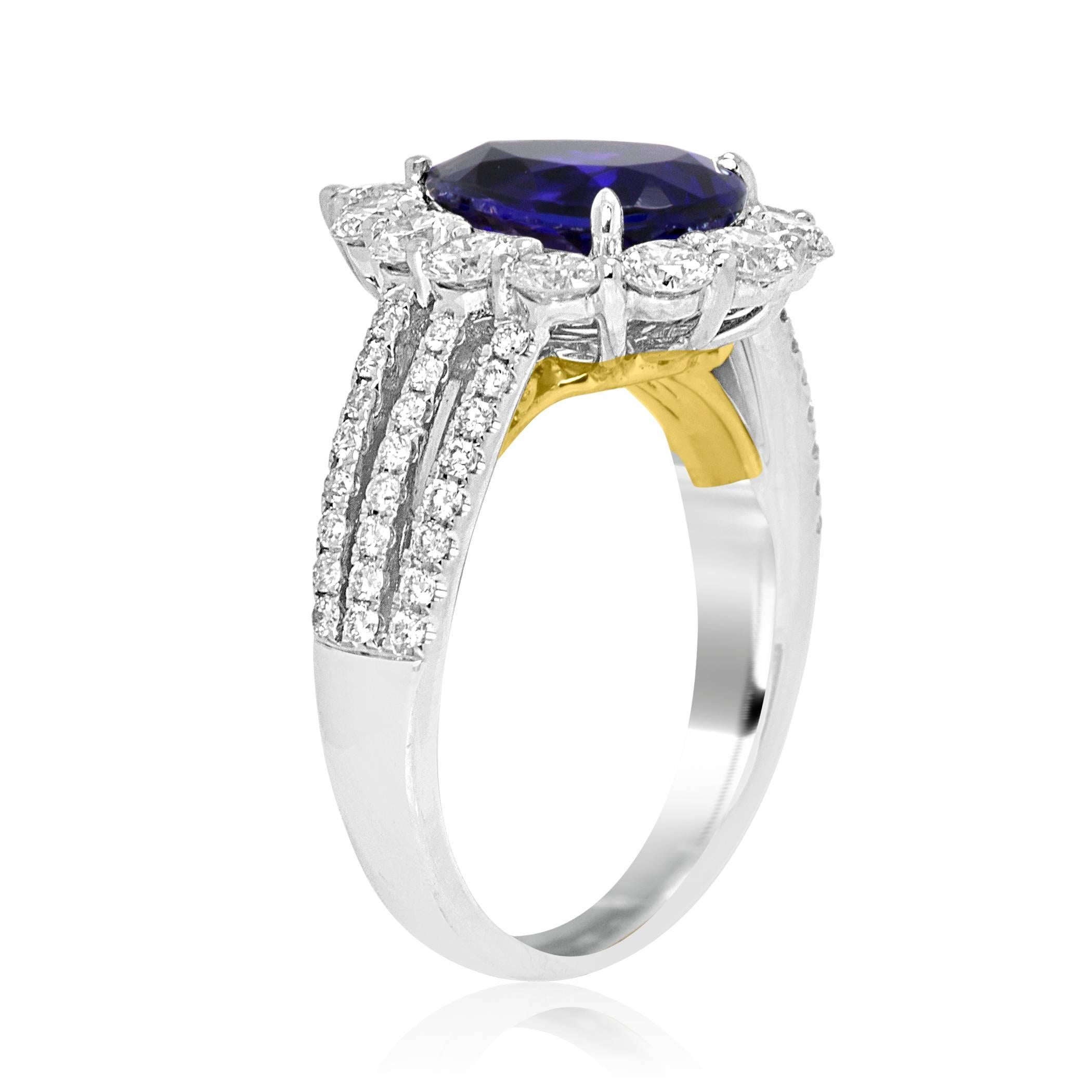 Tanzanite Pear White Diamond Halo Two Color Gold Bridal Fashion Cocktail  Ring In New Condition In NEW YORK, NY