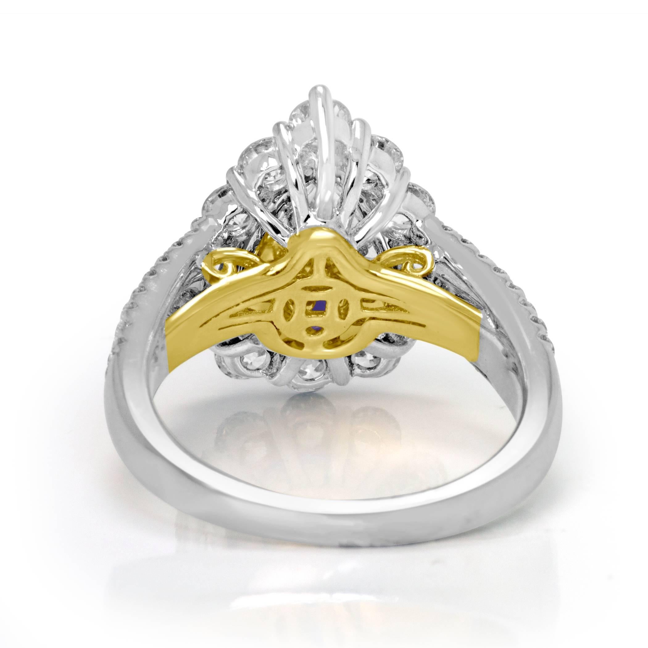 Women's or Men's Tanzanite Pear White Diamond Halo Two Color Gold Bridal Fashion Cocktail  Ring