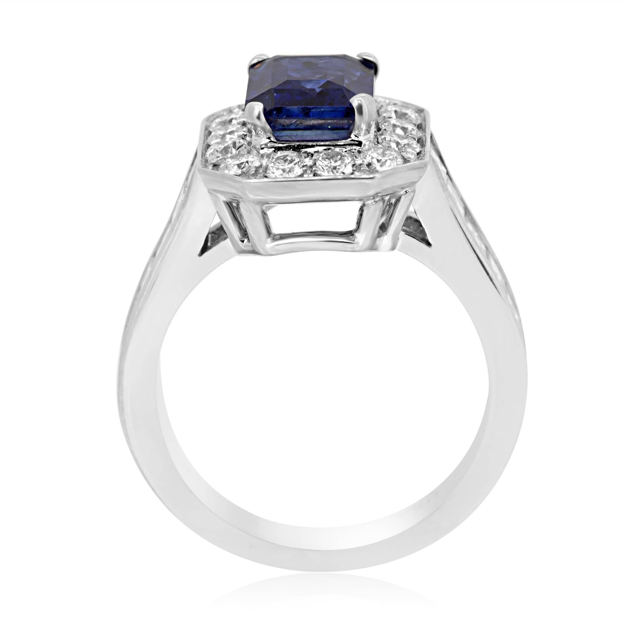 Women's Blue Sapphire Emerald Cut Diamond Round Halo Gold Bridal CocktailRing