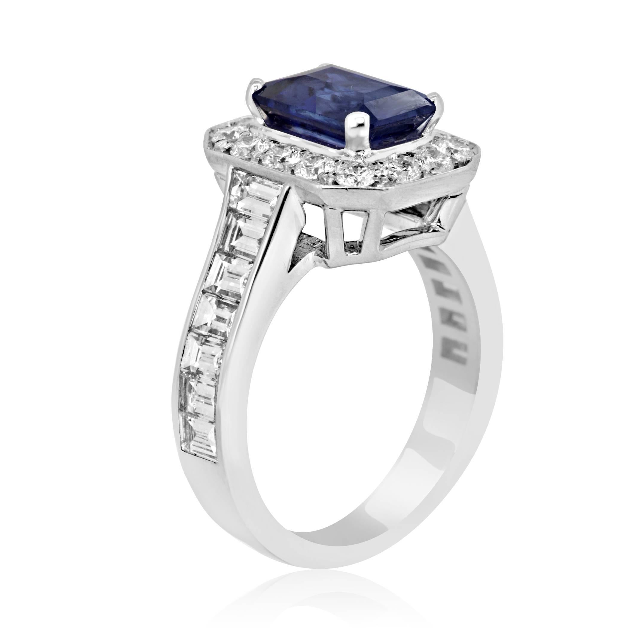 Blue Sapphire Emerald Cut Diamond Round Halo Gold Bridal CocktailRing 1