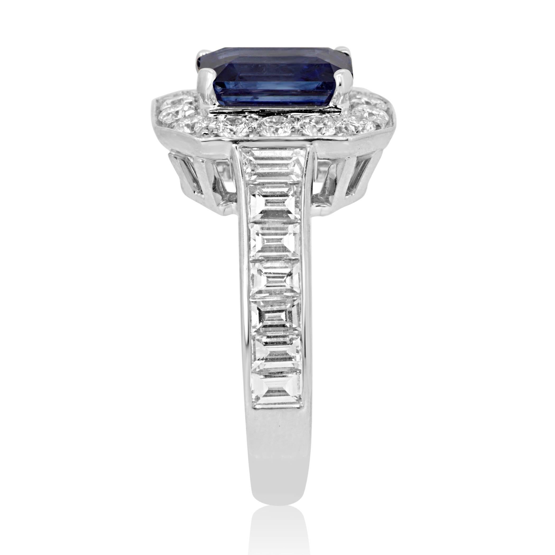 Blue Sapphire Emerald Cut Diamond Round Halo Gold Bridal CocktailRing 2