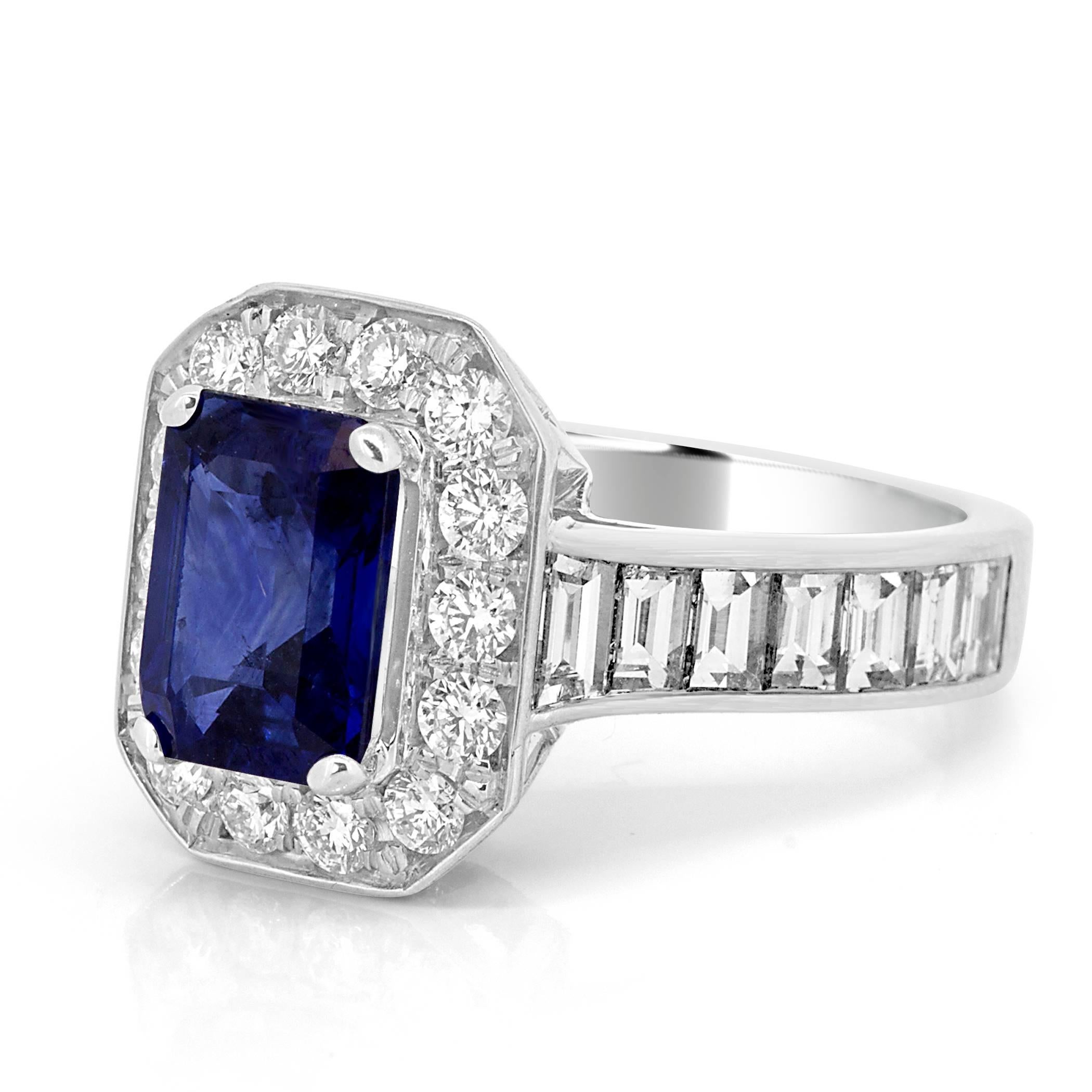Blue Sapphire Emerald Cut Diamond Round Halo Gold Bridal CocktailRing In New Condition In NEW YORK, NY