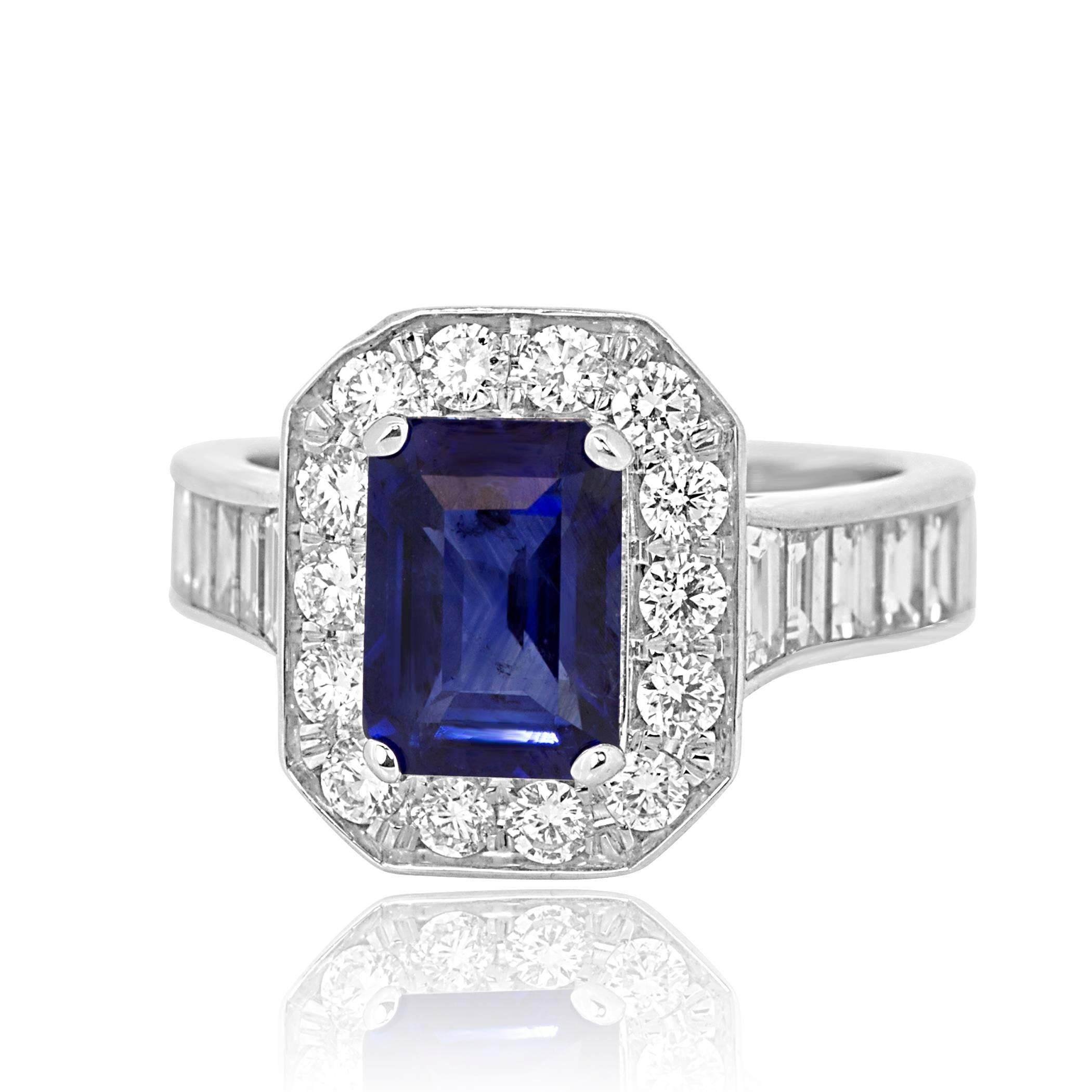Modern Blue Sapphire Emerald Cut Diamond Round Halo Gold Bridal CocktailRing