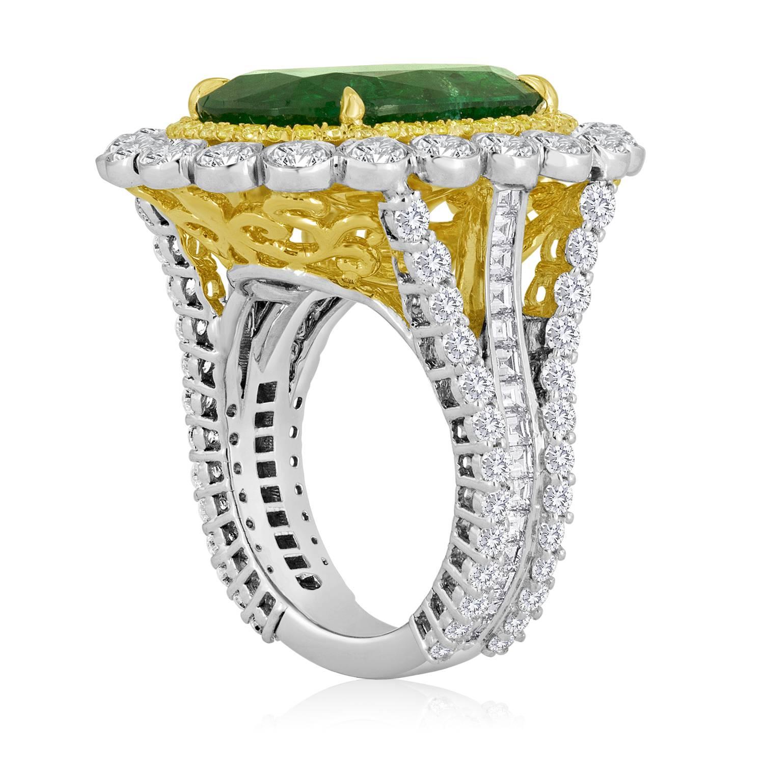 Contemporary GIA Certified Emerald Diamond Double Halo Two Color Gold One of a Kind Ring