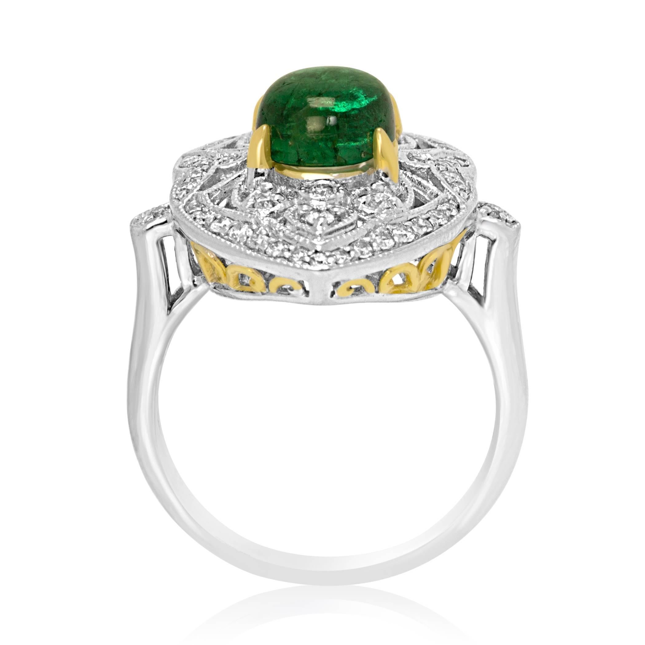 Oval Cut Emerald Cabochon Diamond Halo Two Color Gold ArtDeco Style Fashion Cocktail ring