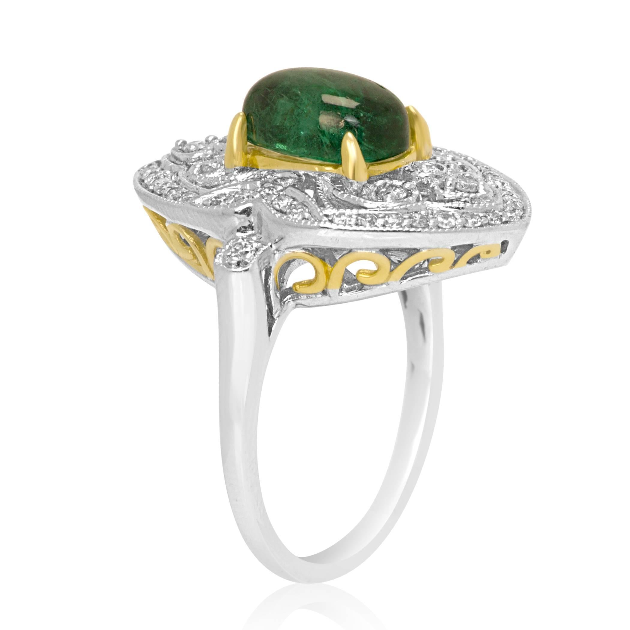 Art Deco Emerald Cabochon Diamond Halo Two Color Gold ArtDeco Style Fashion Cocktail ring