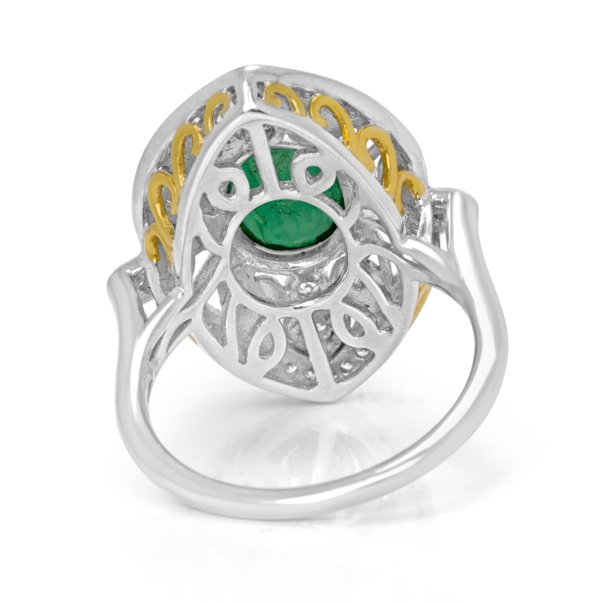 Emerald Cabochon Diamond Halo Two Color Gold ArtDeco Style Fashion Cocktail ring In New Condition In NEW YORK, NY