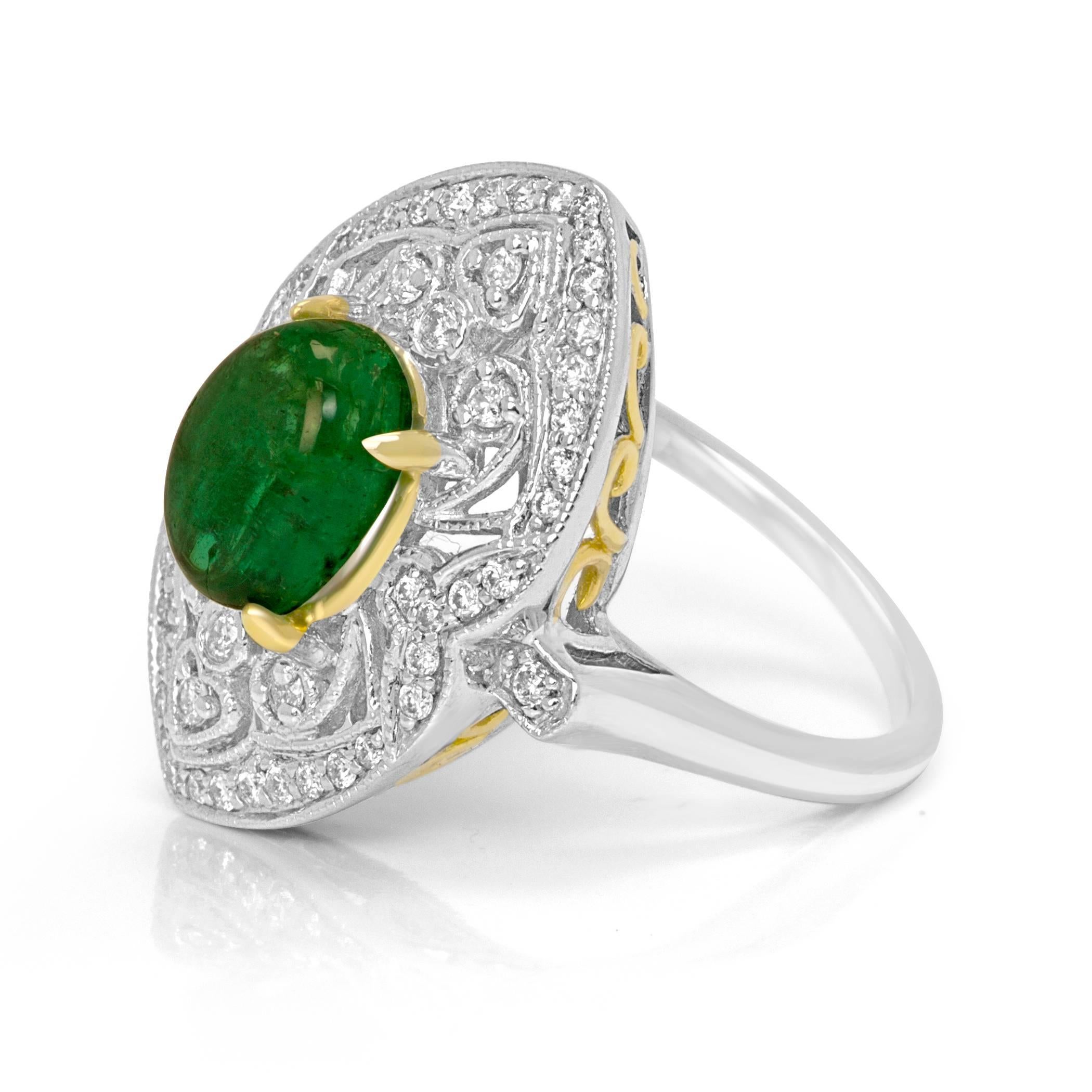 Emerald Oval Cabochon 2.03 Carat Encircled in White G-H Color SI Clarity Diamond round 0.45 Carat in 14k White and Yellow Gold  Art Deco style Fashion Cocktail Ring. 

Style available in different price ranges. Prices are based on your selection of