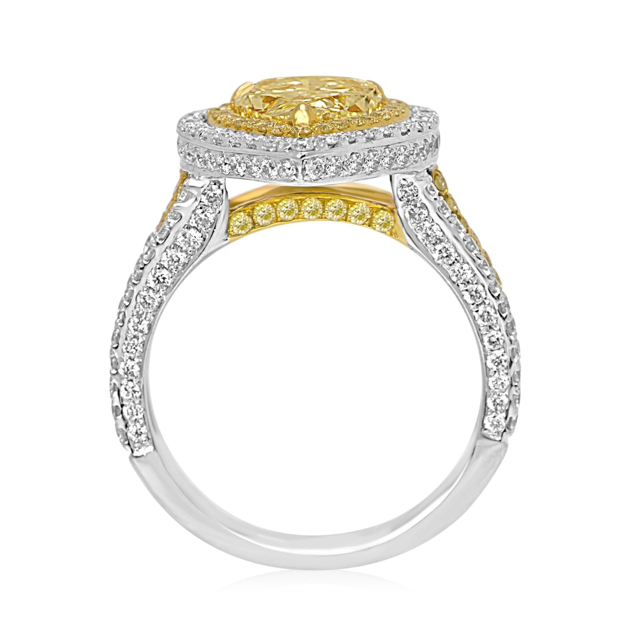 Pear Cut Certified Light Yellow Diamond Halo Two-Color Gold Bridal Fashion Cocktail Ring