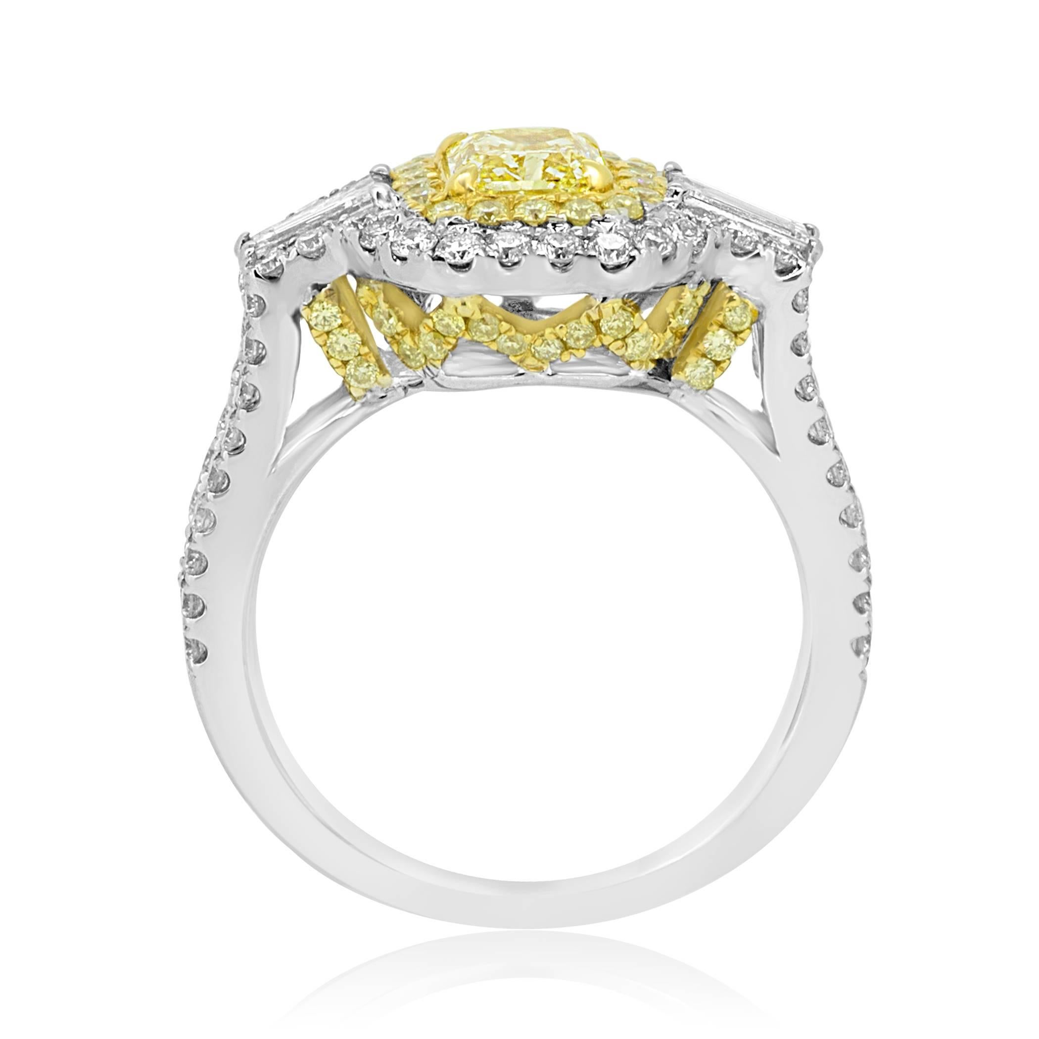 Certified Intense Yellow Diamond Halo Two Color Gold Three Stone Bridal Ring In New Condition In NEW YORK, NY