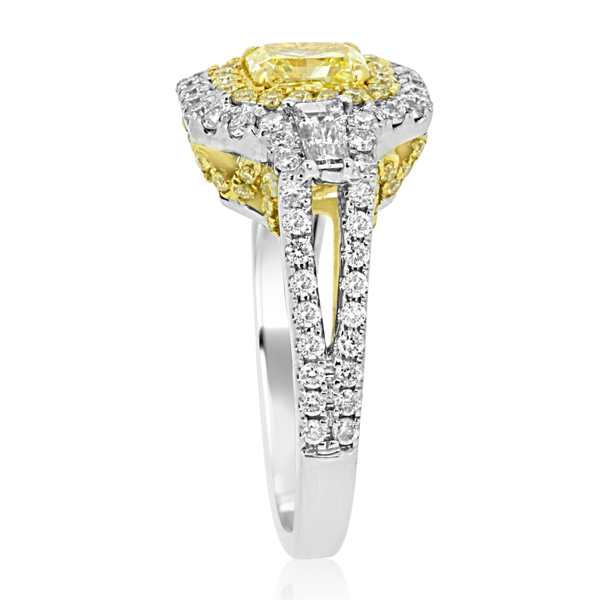 Women's or Men's Certified Intense Yellow Diamond Halo Two Color Gold Three Stone Bridal Ring
