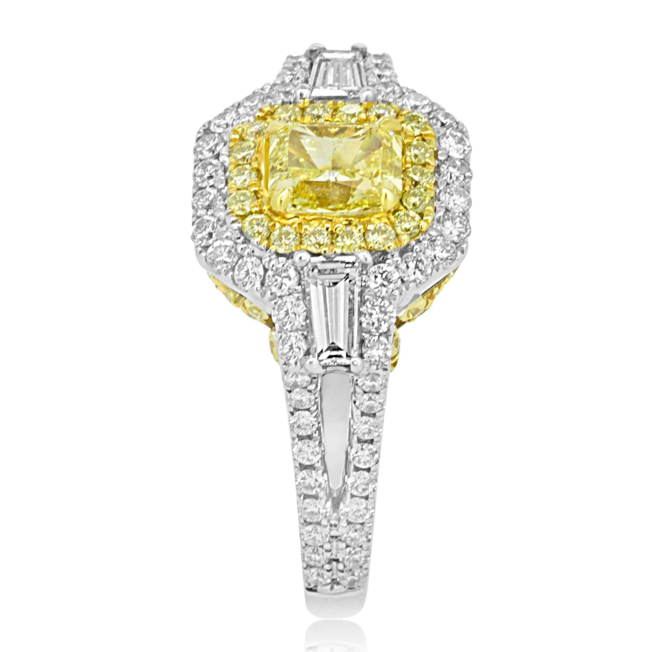 Radiant Cut Certified Intense Yellow Diamond Halo Two Color Gold Three Stone Bridal Ring