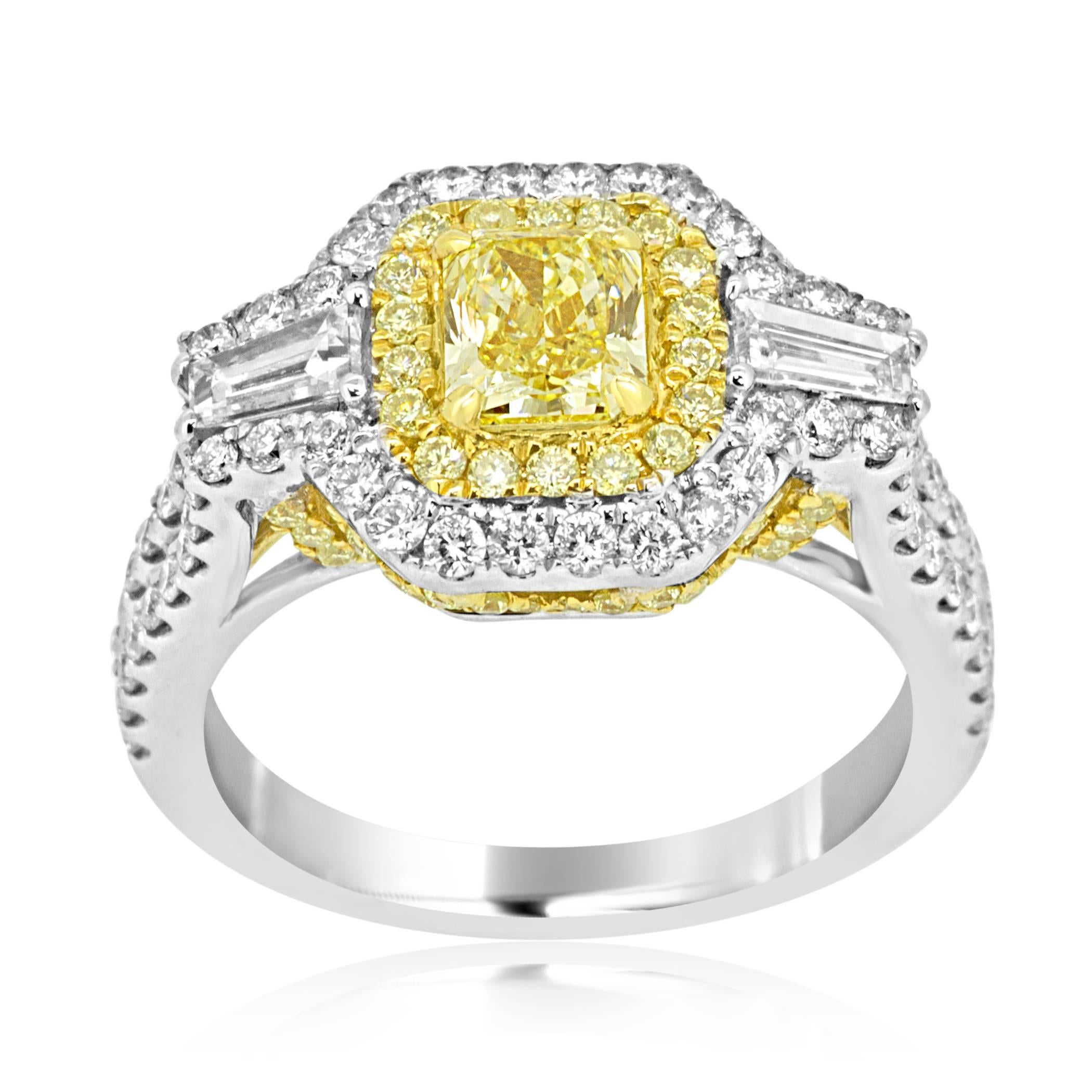 EGL USA  Certified Fancy Intense Yellow Radiant SI1 0.81 Carat in Double Halo of natural Fancy Yellow Rounds Diamonds VS-SI Clarity 0.39 Carat and White G-H Color VS-SI clarity Diamond 0.70 Carat  Flanked by 2 White G-H Color VS Vlarity Diamond