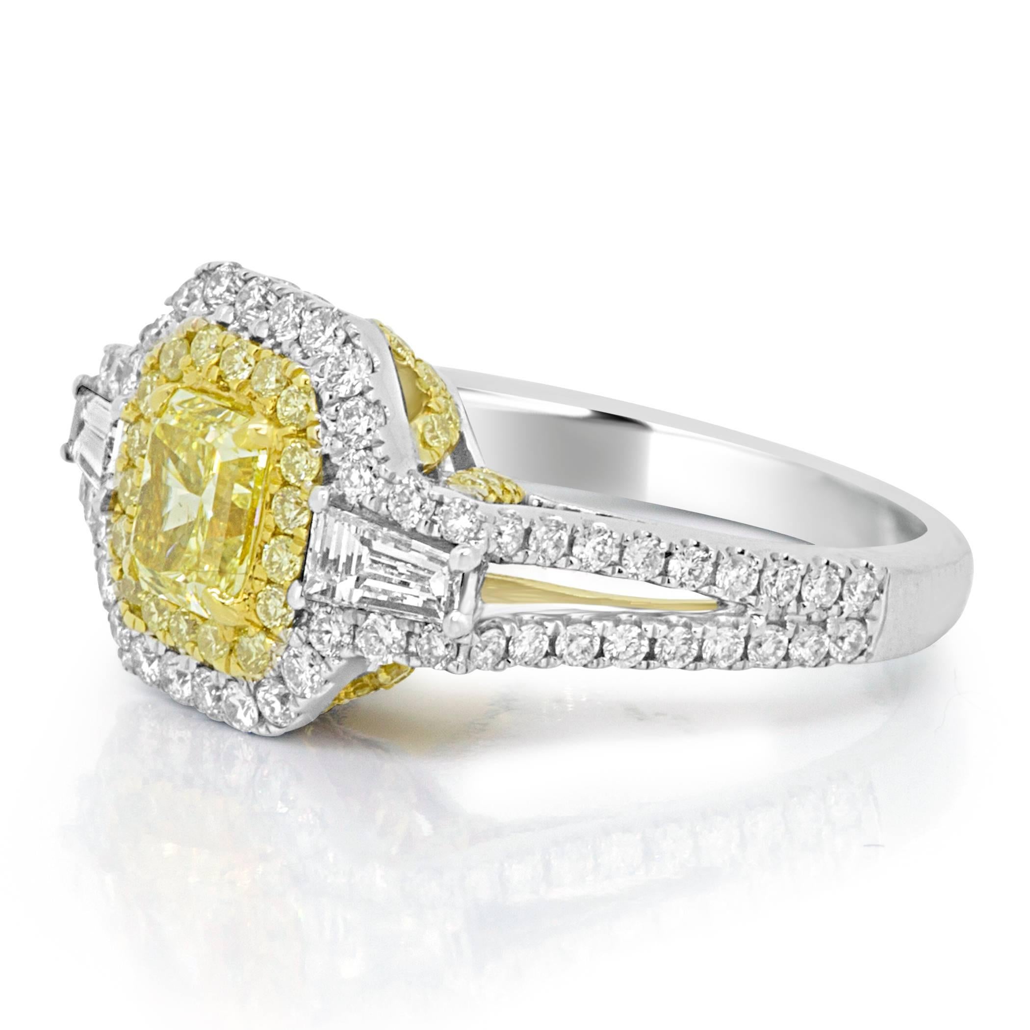 Modern Certified Intense Yellow Diamond Halo Two Color Gold Three Stone Bridal Ring
