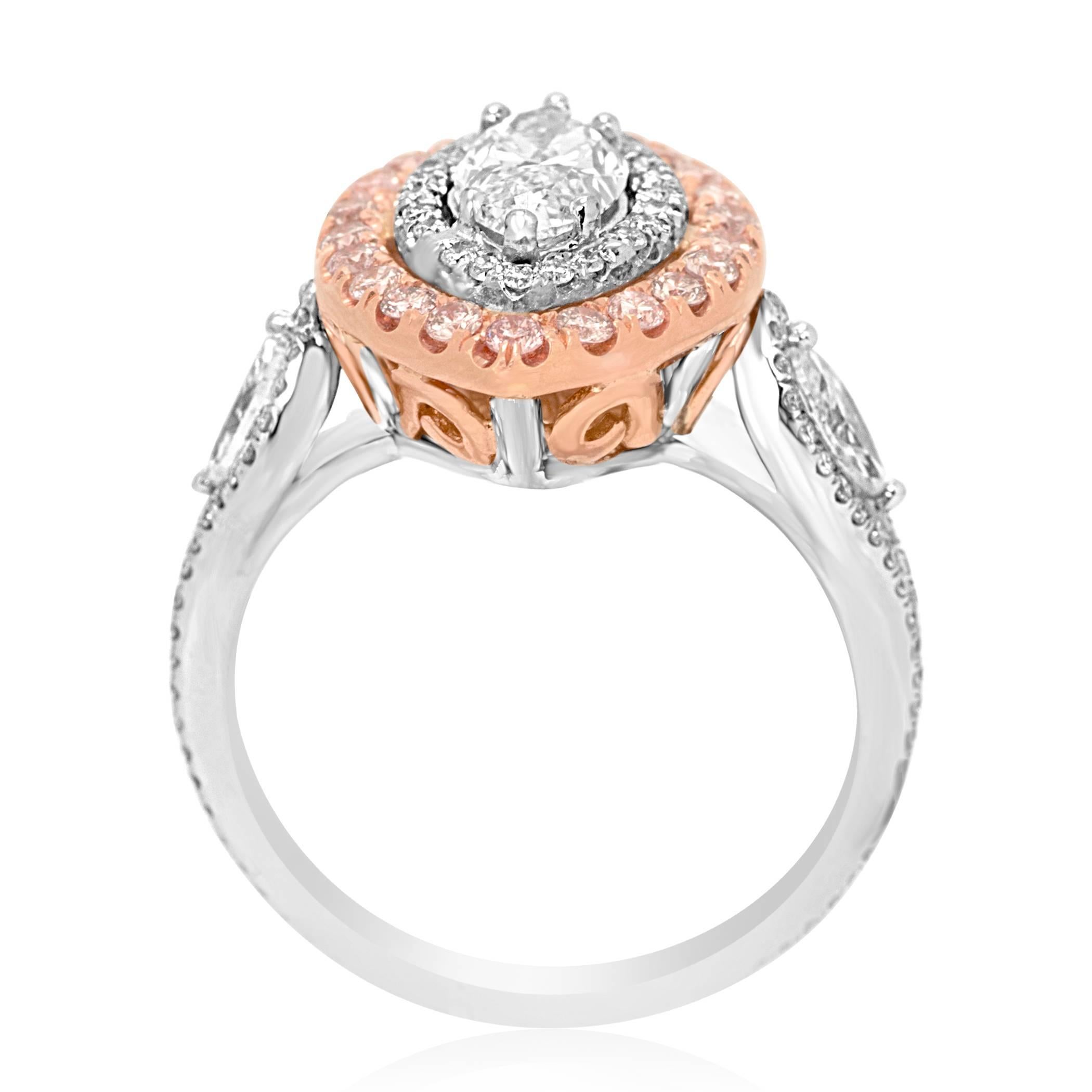 Contemporary Diamond Marquis Double Halo Two Color Gold Three Stone Bridal Fashion Ring