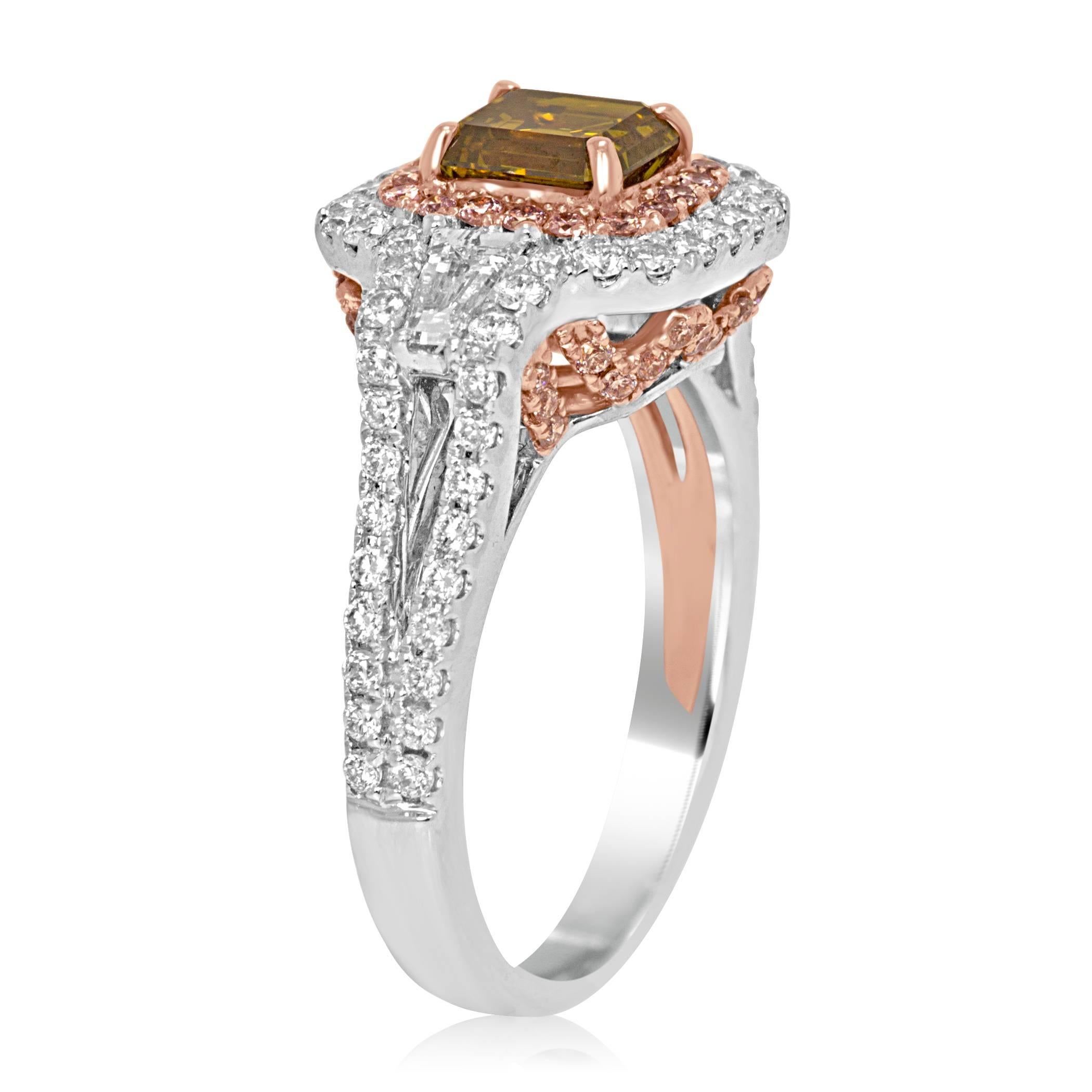 Modern Certified Fancy Color Diamond Double Halo Two-Color Gold Bridal Fashion Ring