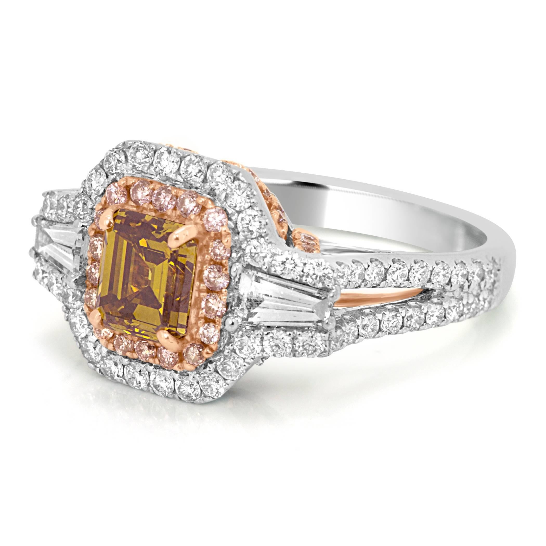 EGL USA Certified Natural Fancy Deep Yellowish Orangish Brown Emerald Cut VS2 1.12 Carat encircled in Double Halo of Natural Fancy Pink Diamond Round 0.37 Carat and White Diamond Round 0.68 Carat Flanked by 2 White Diamond Tapers 0.32 Carat in 18k