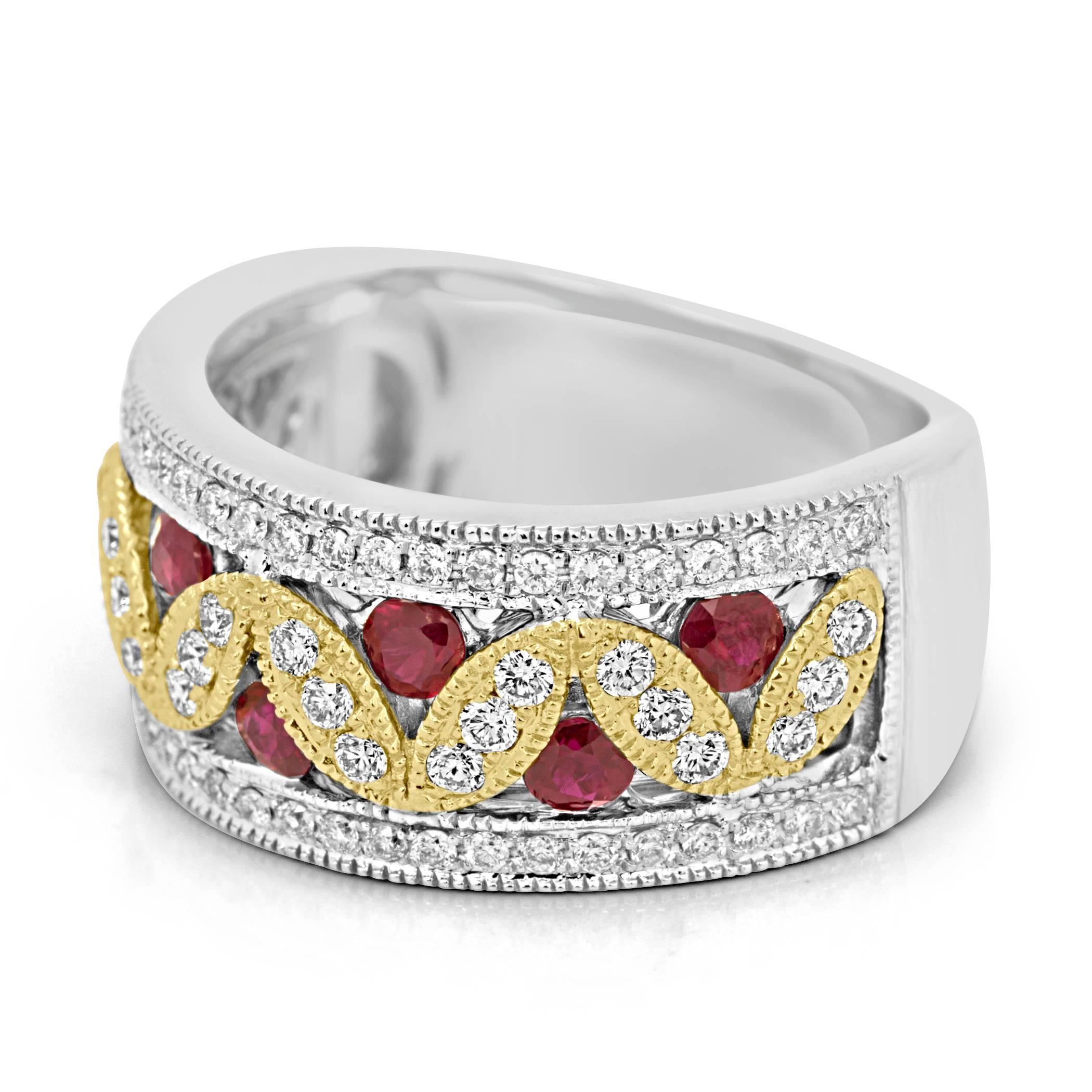 Modern Ruby Diamond Two Color Gold Band Ring