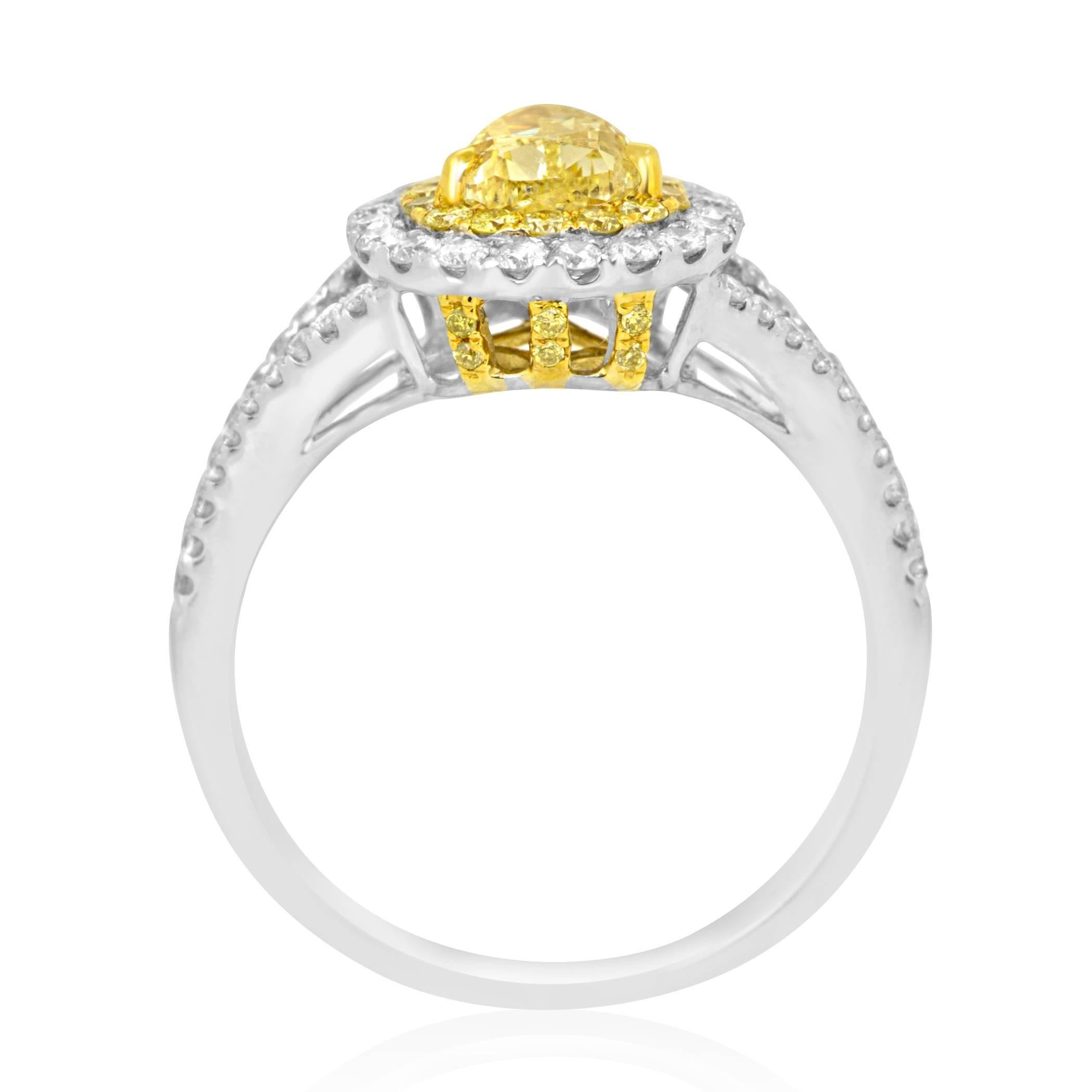 Pear Cut Fancy Yellow Diamond Double Halo Two-Color Gold Bridal Fashion Cocktail Ring