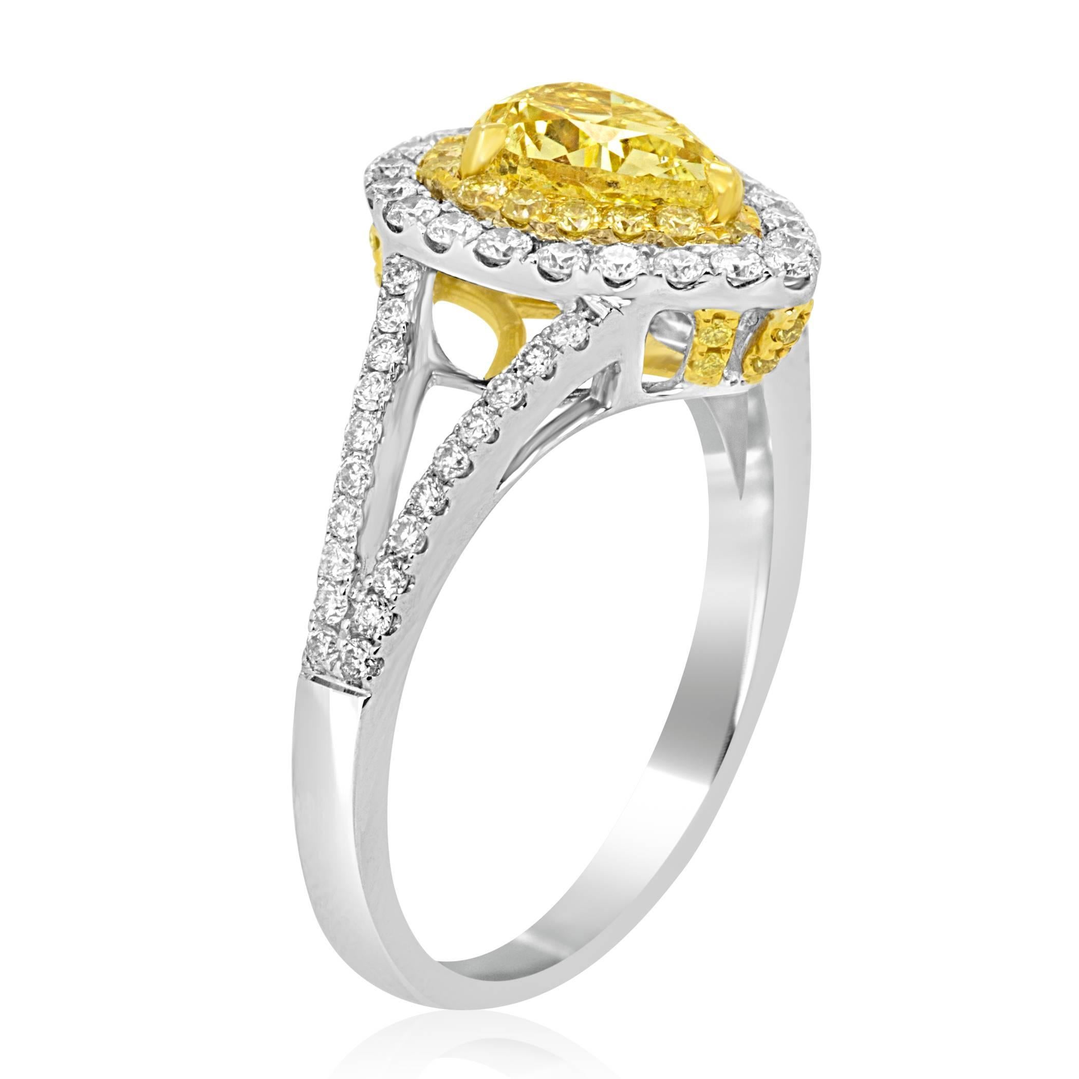 Modern Fancy Yellow Diamond Double Halo Two-Color Gold Bridal Fashion Cocktail Ring