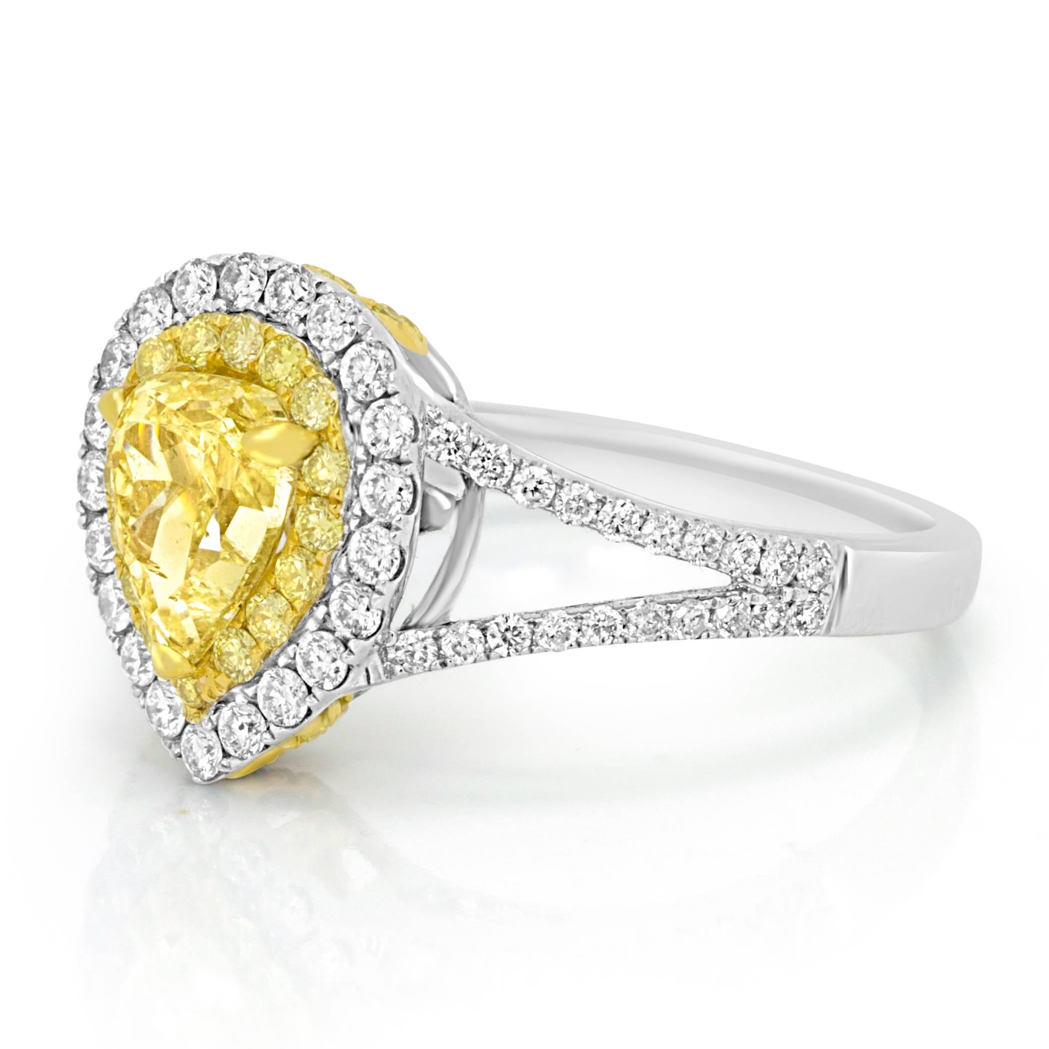 Natural Fancy Yellow Diamond Pear SI Clarity 1.09 Carat encircled in Double Halo of Natural Fancy Yellow Round Diamonds VS-SI Clarity 0.22 Carat and White G-H Color Diamond Round VS-SI Clarity 0.53 Carat in 18K White and Yellow Gold Bridal Fashion