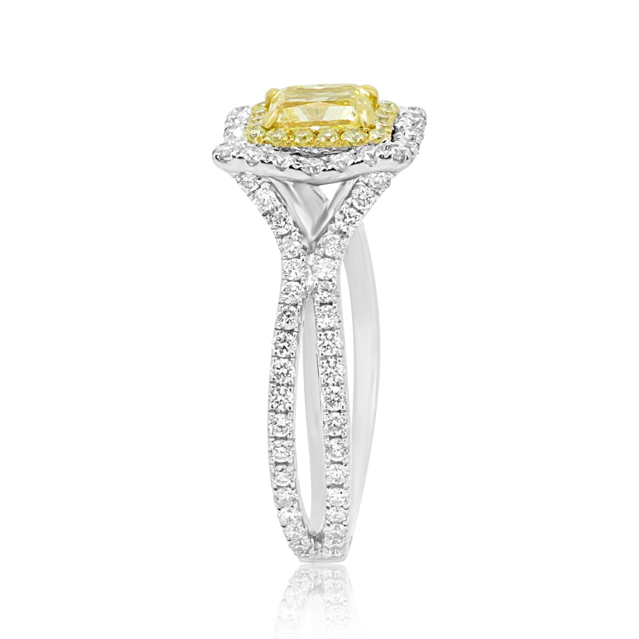 GIA Certified Fancy Yellow Diamond Double Halo Two Color Gold Bridal Ring In New Condition In NEW YORK, NY