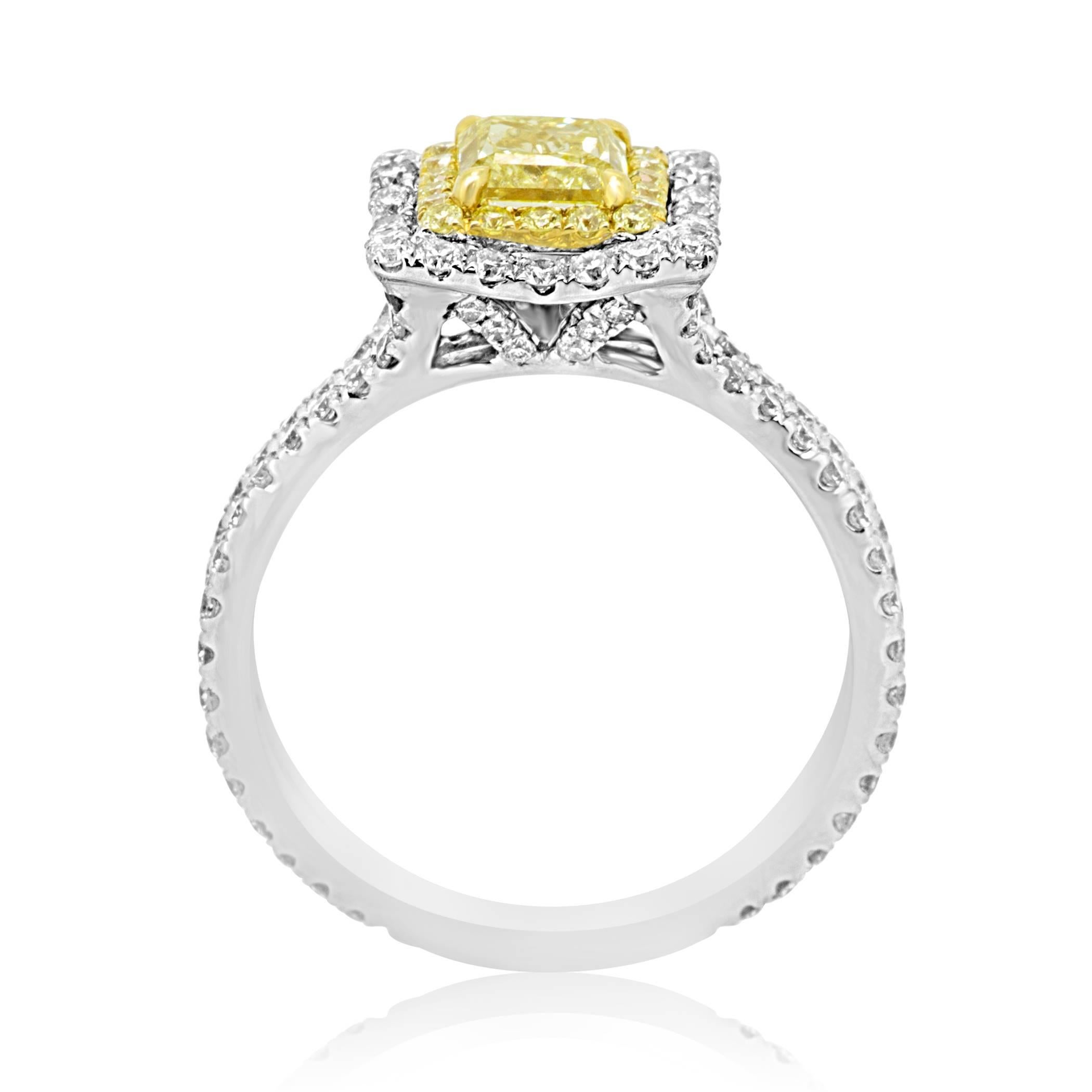 Women's or Men's GIA Certified Fancy Yellow Diamond Double Halo Two Color Gold Bridal Ring