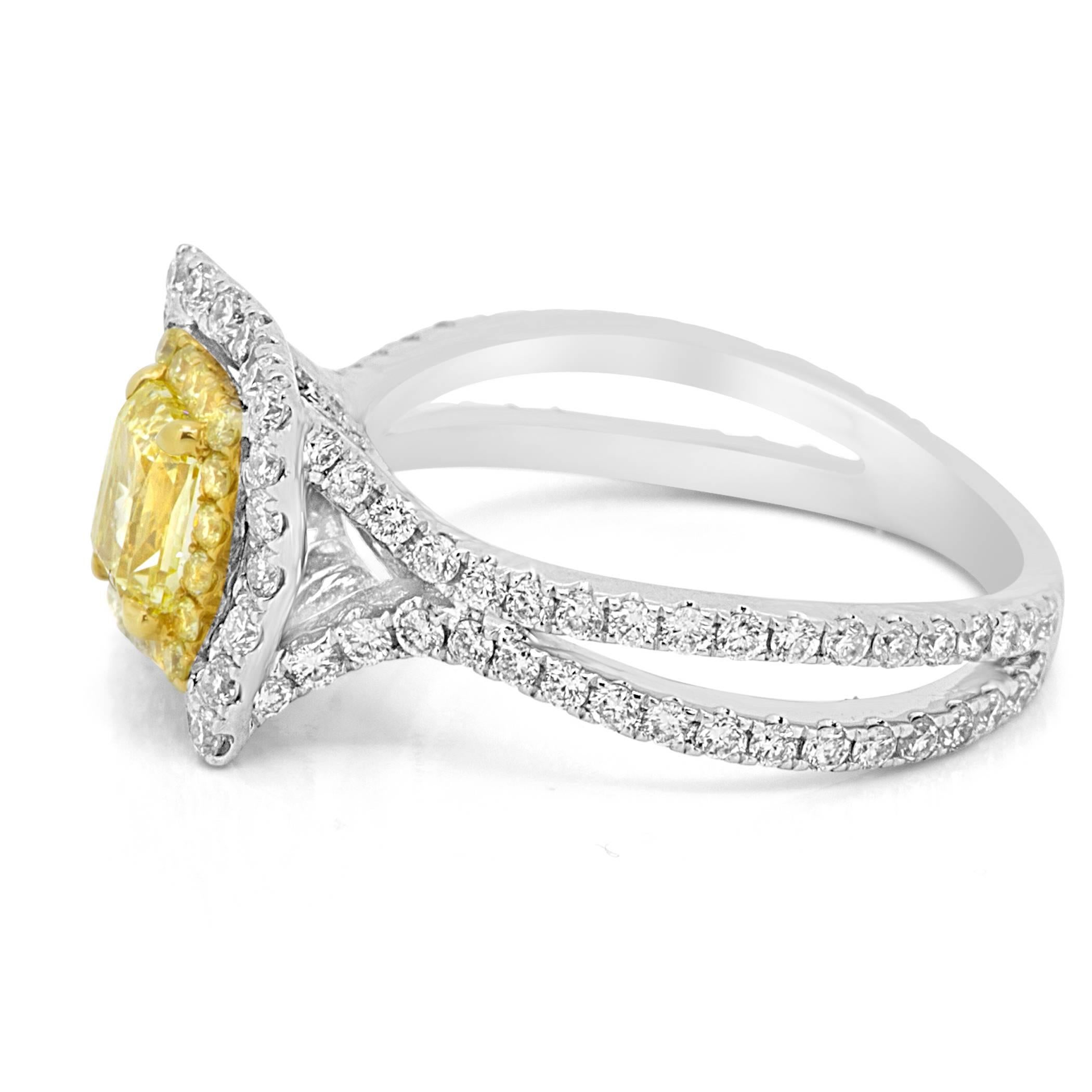 GIA Certified  Natural Fancy Yellow VS2 Radiant  1.00 Carat in double Halo of natural fancy yellow round 0.17 Carat and white diamond round 1.00 Carat. In split prong 18K White and Yellow Gold ring Bridal Fashion Cocktail Ring.

Style available in