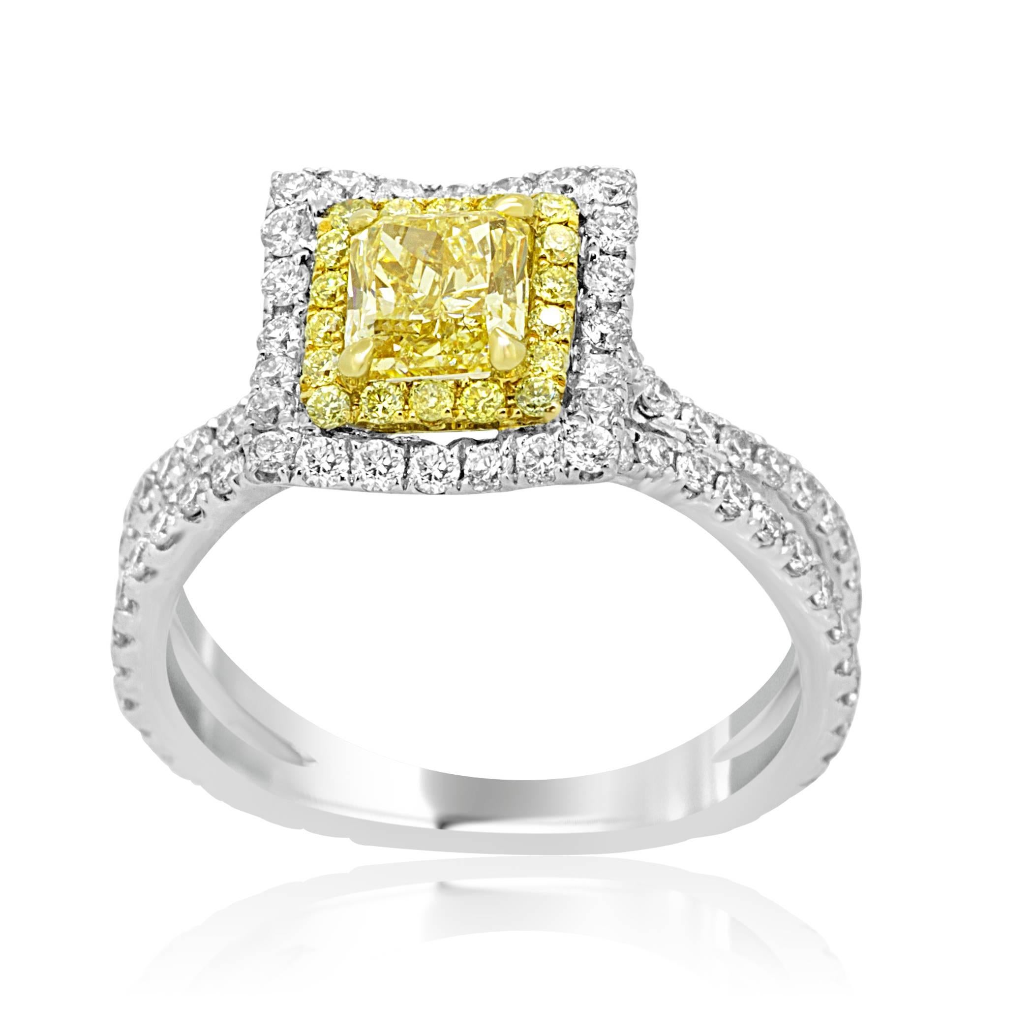 Radiant Cut GIA Certified Fancy Yellow Diamond Double Halo Two Color Gold Bridal Ring
