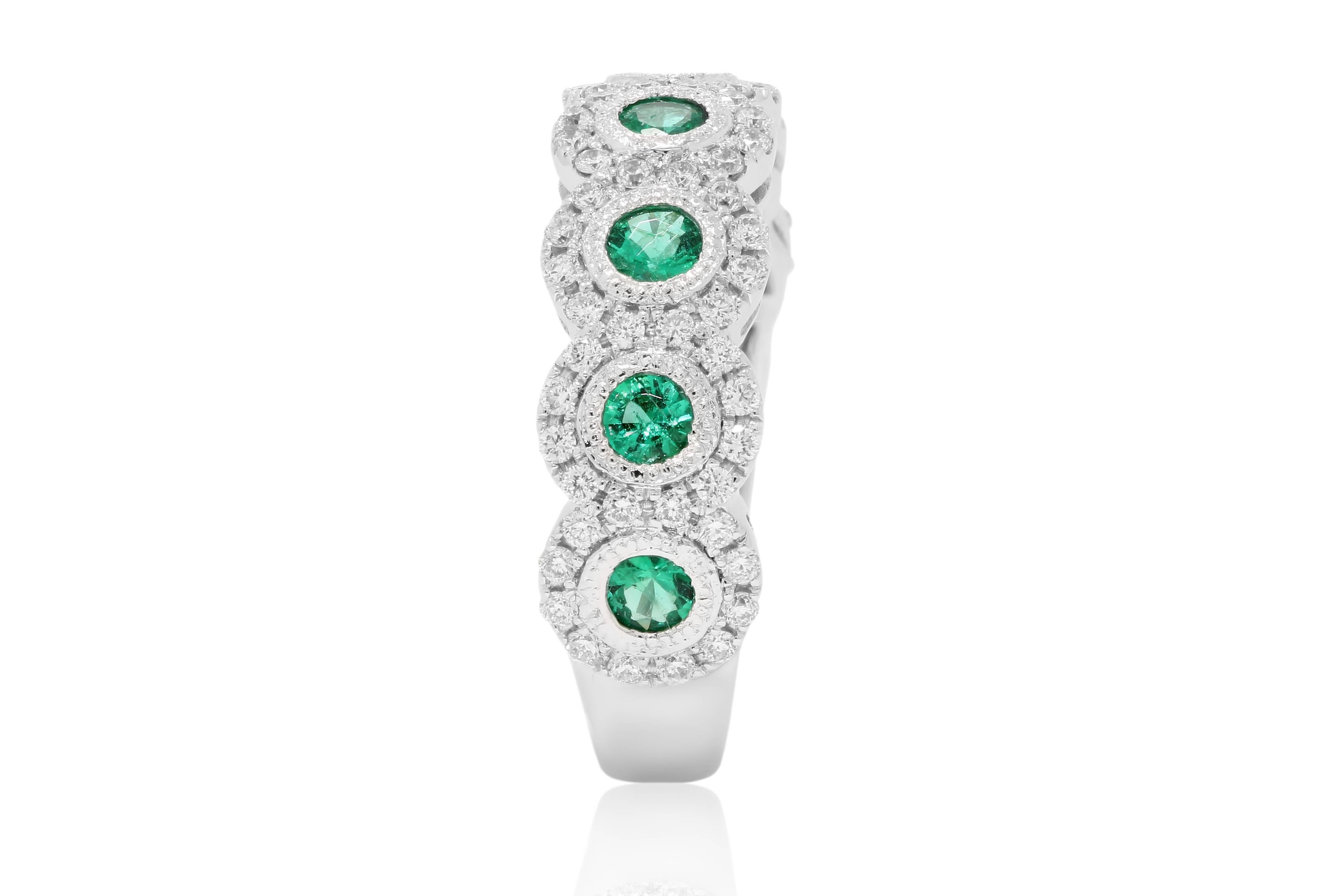 7 Emerald Round 0.61 Carat in a halo of white diamond 0.5c carat in 14k White Gold Band Ring.
