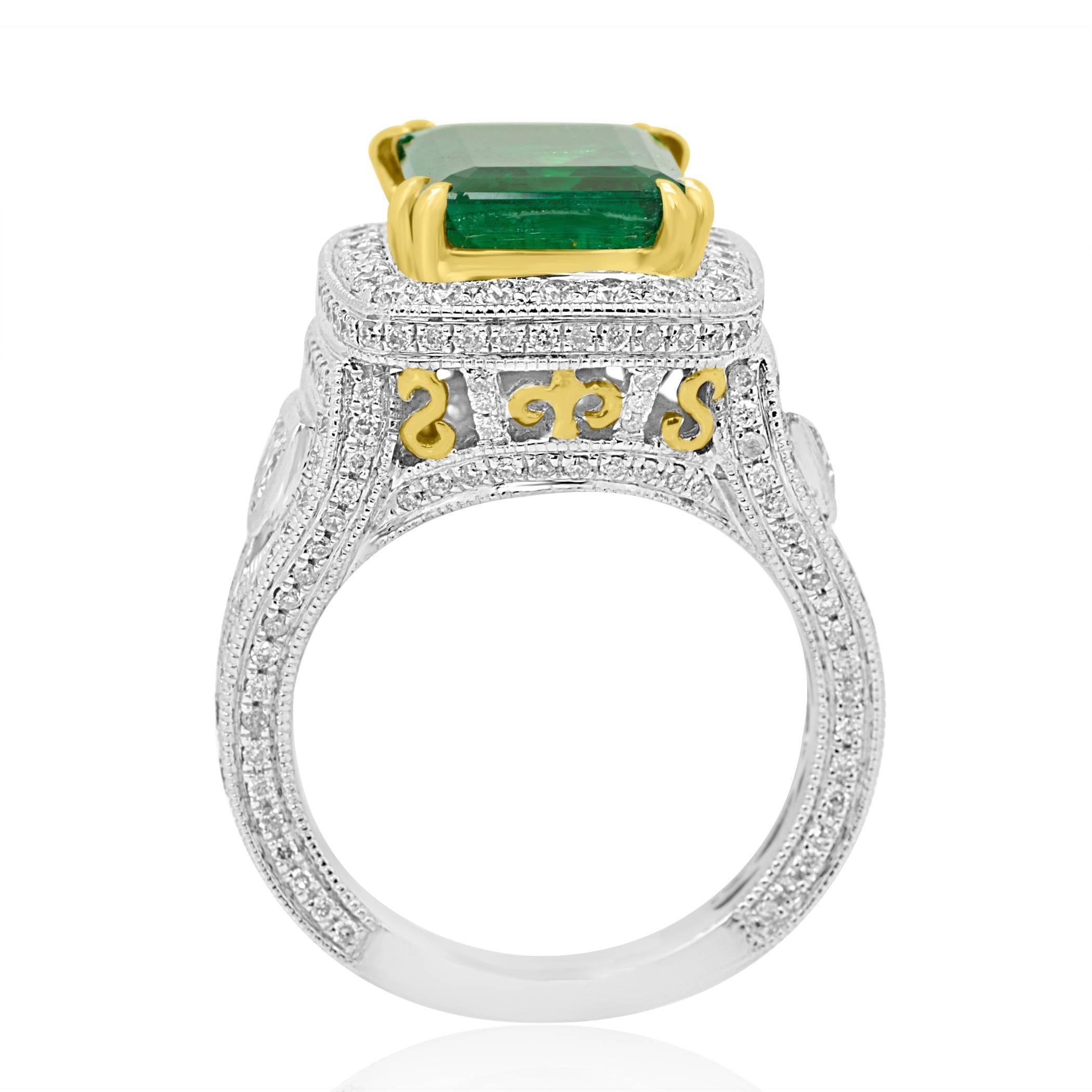 Emerald Cut GIA Certified 4.38 Carat Emerald Diamond Two Color Gold Halo Bridal Fashion Ring