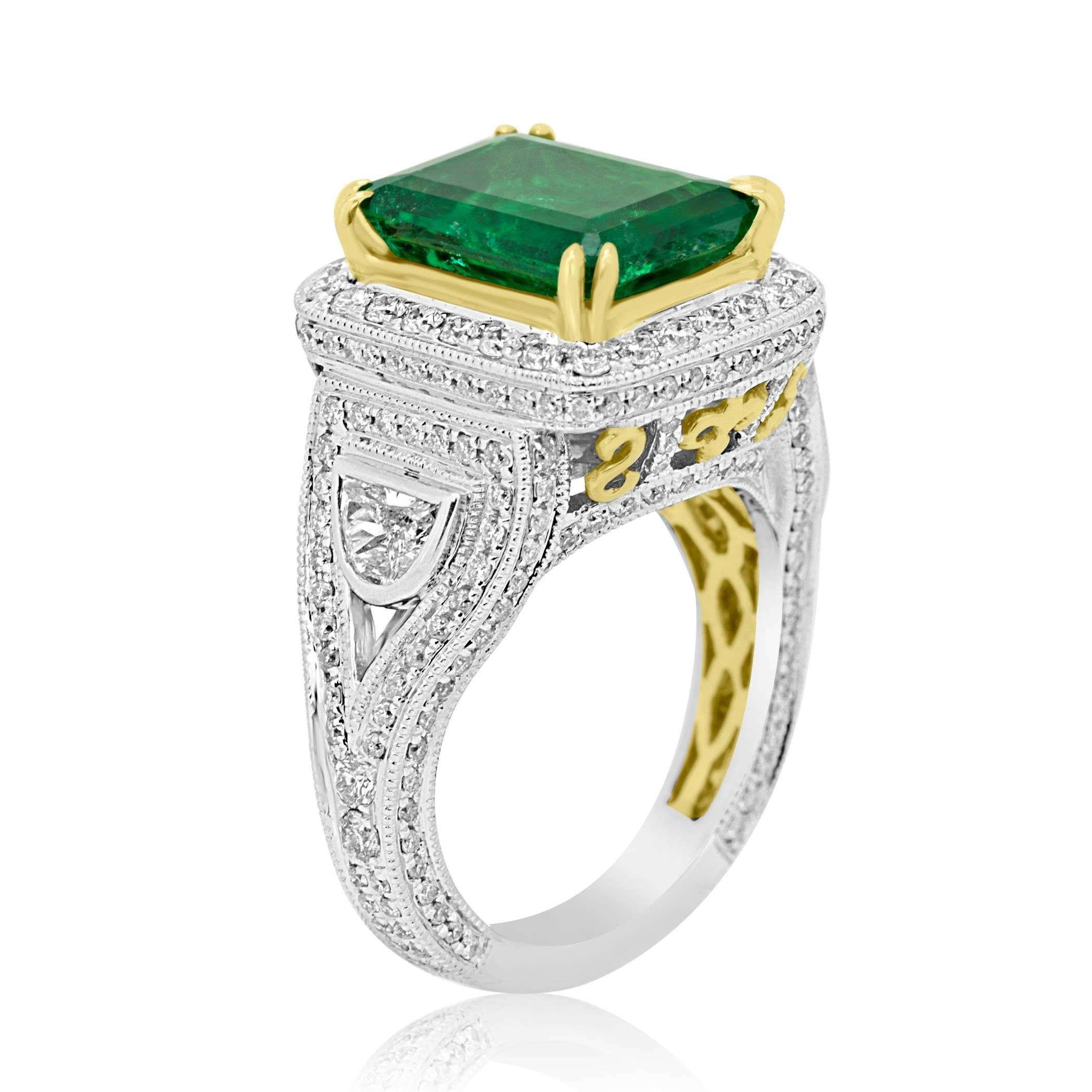 Modern GIA Certified 4.38 Carat Emerald Diamond Two Color Gold Halo Bridal Fashion Ring