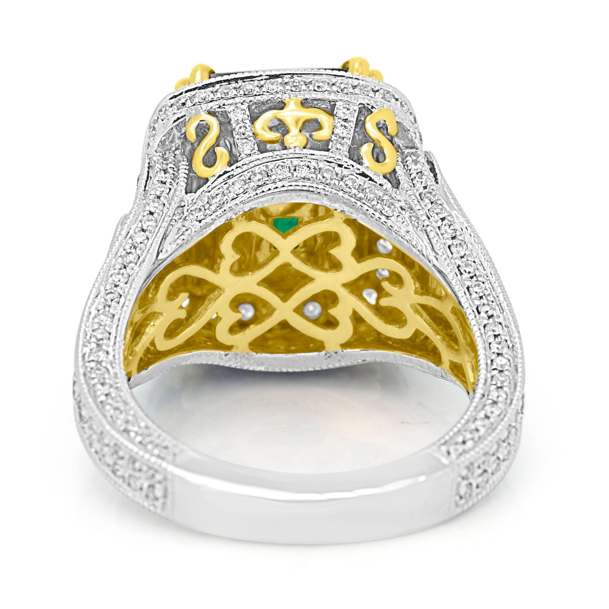 GIA Certified 4.38 Carat Emerald Diamond Two Color Gold Halo Bridal Fashion Ring In New Condition In NEW YORK, NY